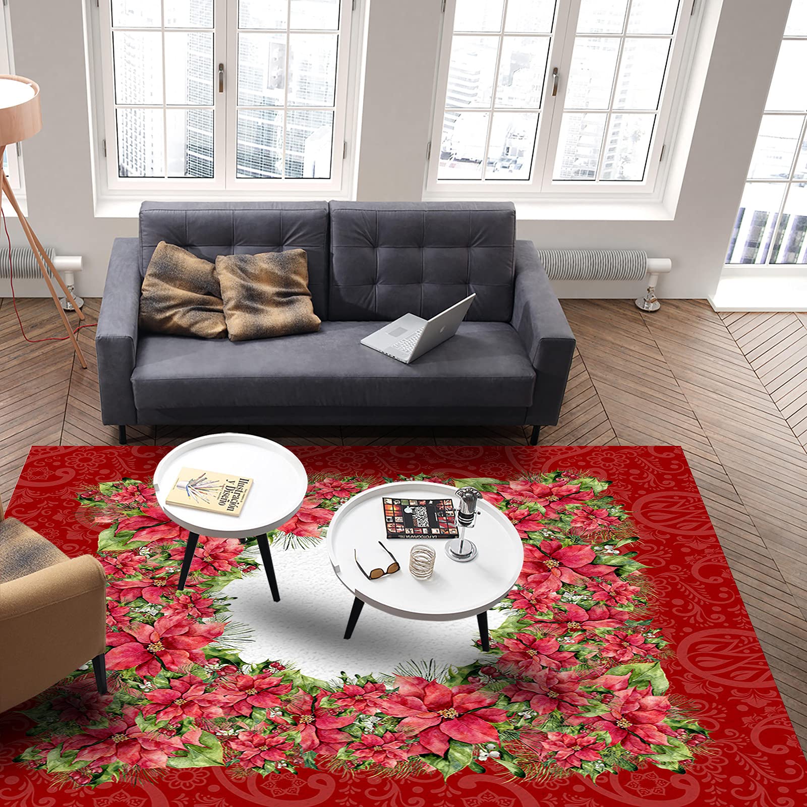 Soft Modern 4' x 6' Area Rug for Bedroom, Kids Room & Living Room - Red Poinsettia Woodland Christmas Design - Cozy Nursery Floor Carpet for Boys & Girls | Perfect for Holiday Decor, Playrooms & Home Interior Styling