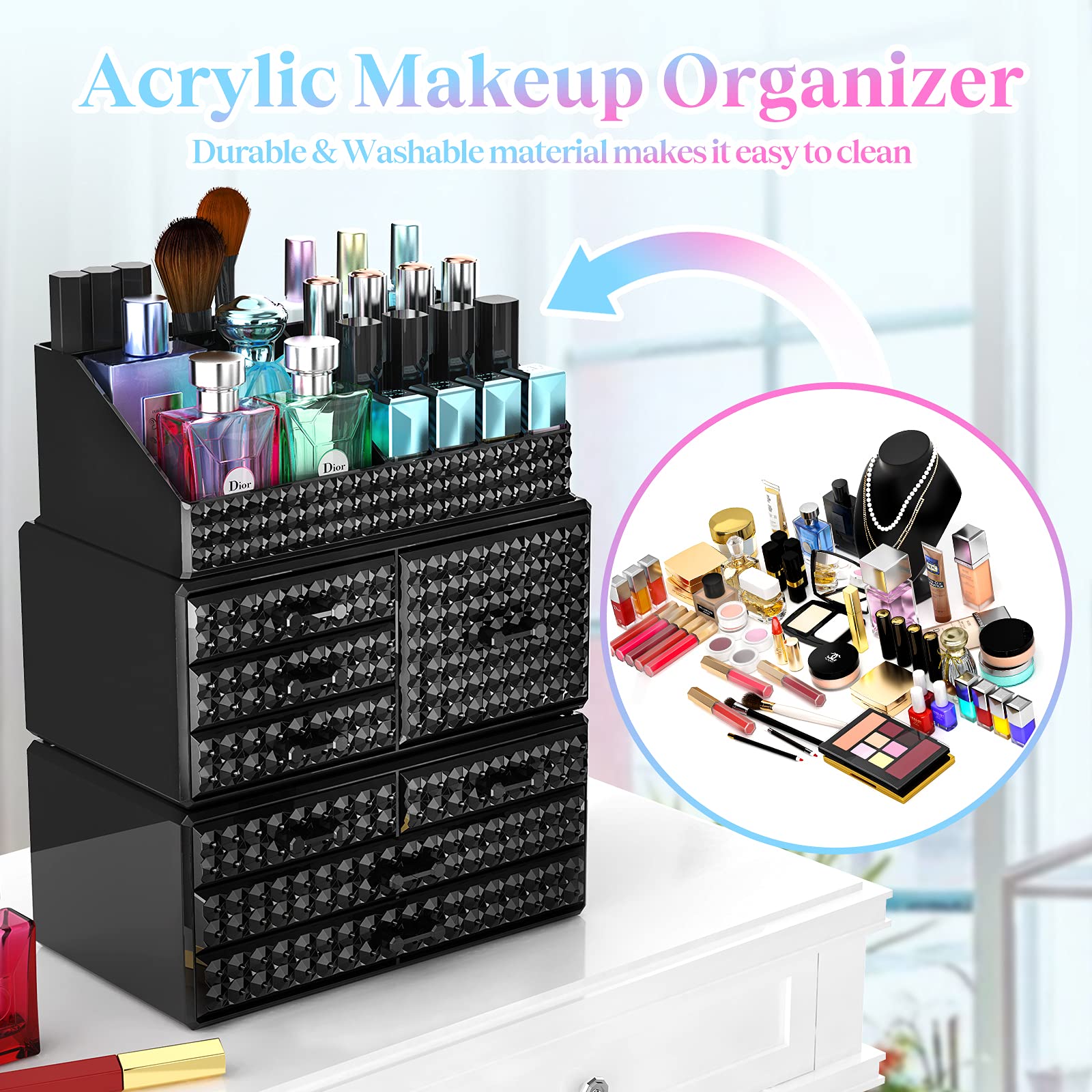 3 Pack Stackable Acrylic Makeup Organizer with 8 Drawers - Upgraded Cosmetic Storage Case for Brushes, Perfumes & Jewelry - Perfect for Vanity, Bathroom Countertop & Bedroom Organization (Plus Size)