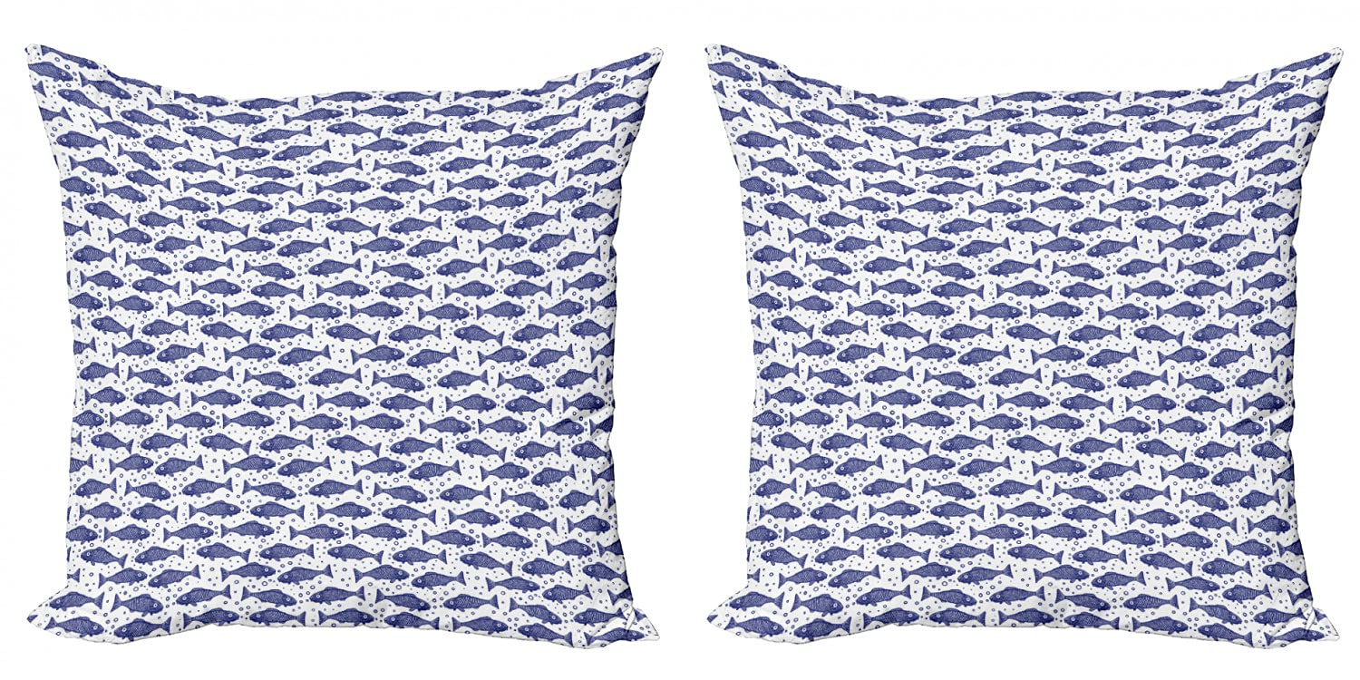 Ambesonne Nautical Throw Pillow Covers Pack of 2 - Monochrome Hand-Drawn Fish Pattern with Minimal Bubbles - Zippered Double-Sided Digital Print Decor - 24 Inch Violet Blue and White - Perfect for Coastal Living Room, Beach House, or Marine-Themed Bedroom Decor