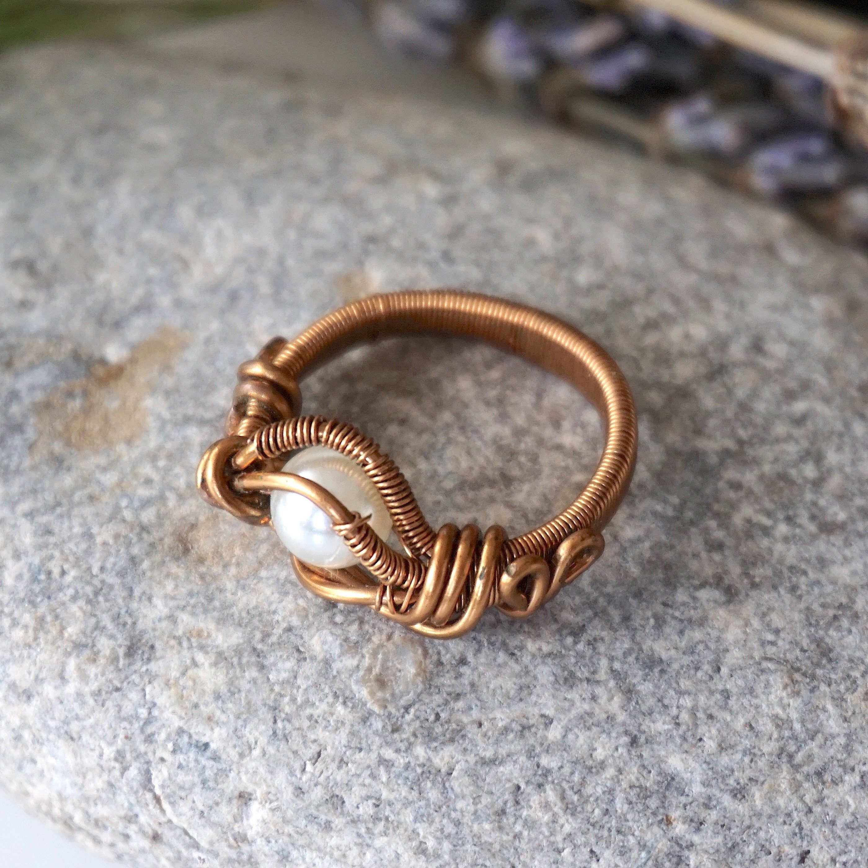 Antique Bronze Wire Wrapped Pearl Ring - Elegant Vintage Jewelry for Women, Bridal, Wedding, and Special Occasions
