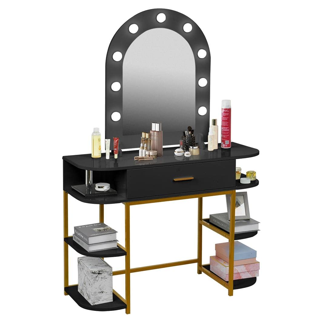 Baodanla Large Vanity Table with LED Lighted Mirror, 6 Drawers & 9 Adjustable Lights - Makeup Dressing Desk with Storage Shelves for Women/Girls Bedroom, Studio or Salon (Black) | Perfect for Makeup Application, Skincare Routine & Beauty Organization