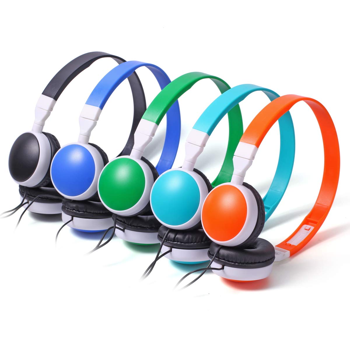 Bulk 5-Pack Kids Headphones for School Classroom - Multi-Color KW-N05 Headset for Computer Learning, Students & Library Use | Durable Children's Headphones for Online Classes, Study Sessions & Educational Activities