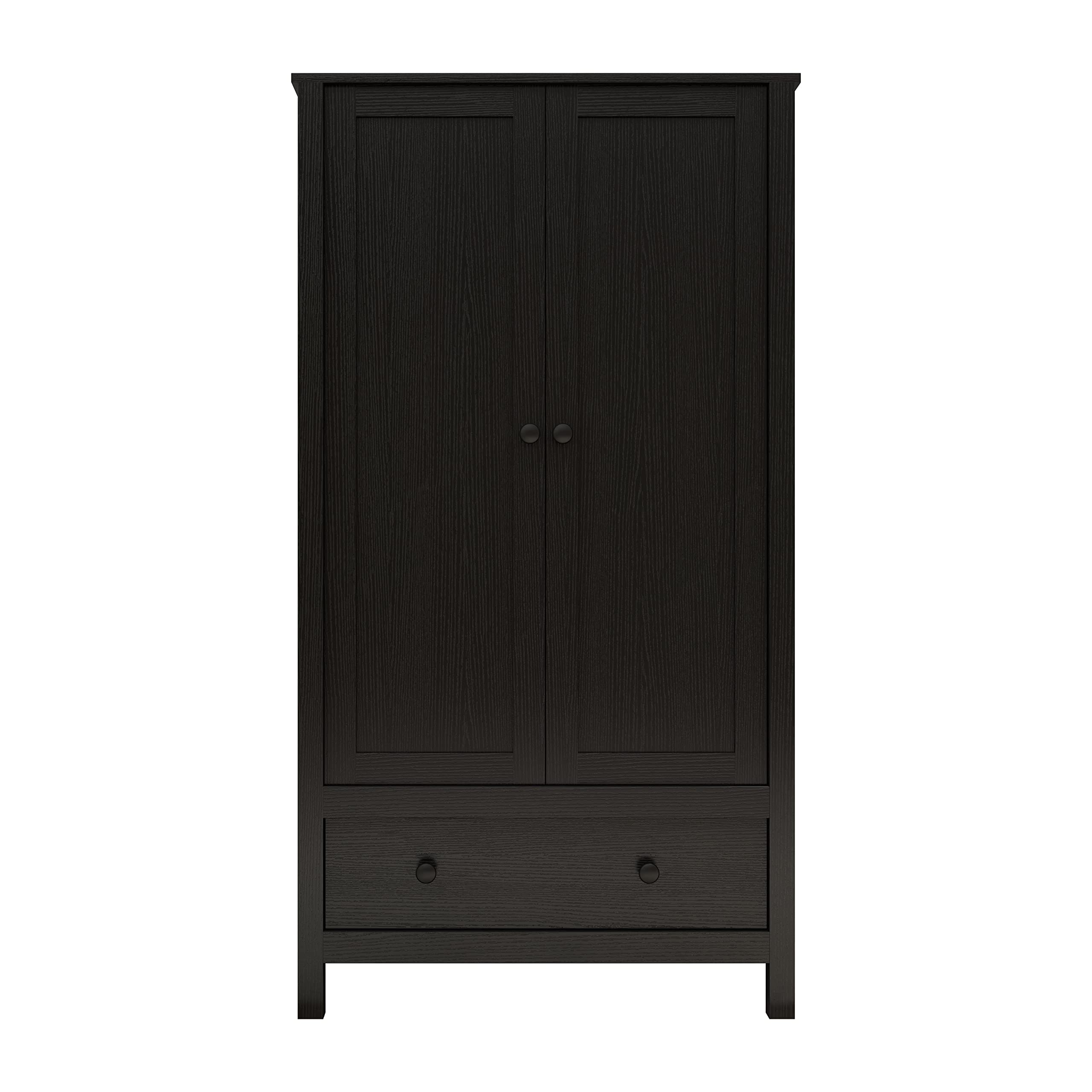 Panana 2 Door Wardrobe Closet with Drawer - Black Wooden Armoire for Bedroom Storage | Perfect for Organizing Clothes, Shoes & Accessories in Master Bedroom, Guest Room or Dorm