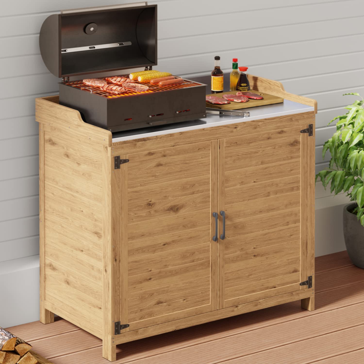Gizoon Outdoor Potting Bench with Metal Tabletop & Adjustable Shelf - Wooden Garden Storage Cabinet with Double Doors - Perfect for Backyard, Patio, Lawn Gardening & DIY Projects - Natural Finish