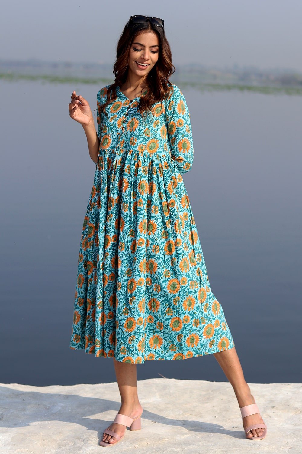 SootiSyahi Sky Garden Cotton Dress - Women's Floral Print Summer Maxi Dress for Beach, Vacation & Casual Wear