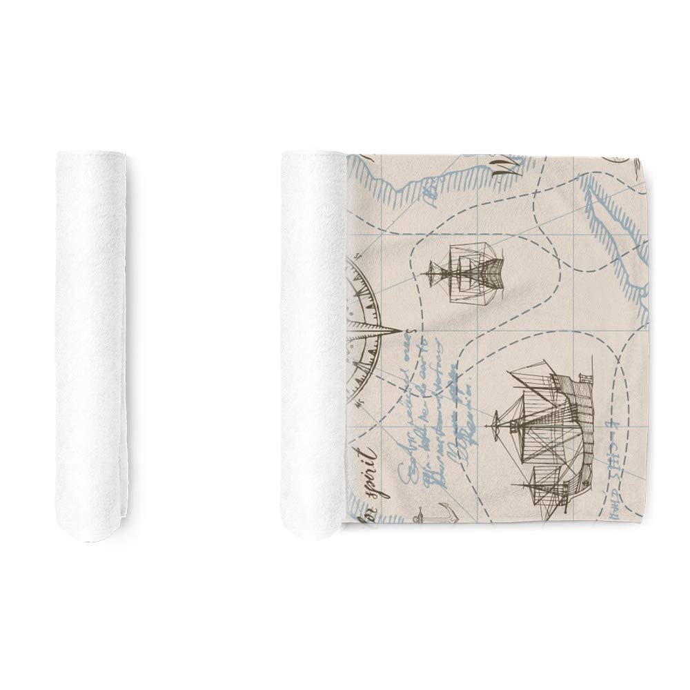 Premium Terry Cotton Face Towel & Washcloth Set - Soft, Quick-Dry 30x15 Inch Bath Towels for Spa, Hotel & Kitchen Use - Retro Map Design Home Decor Gift
