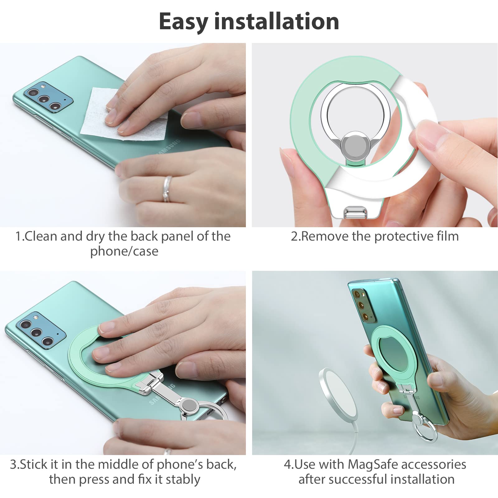 Nillkin SnapGrip Mint Green Phone Holder - Adjustable Metal Ring Stand & Kickstand for iPhone 13/13 Pro/13 Mini/XS/11, Samsung S22 Ultra/S22, Pixel 6 - Secure Phone Grip for One-Hand Use, Video Watching & Selfies