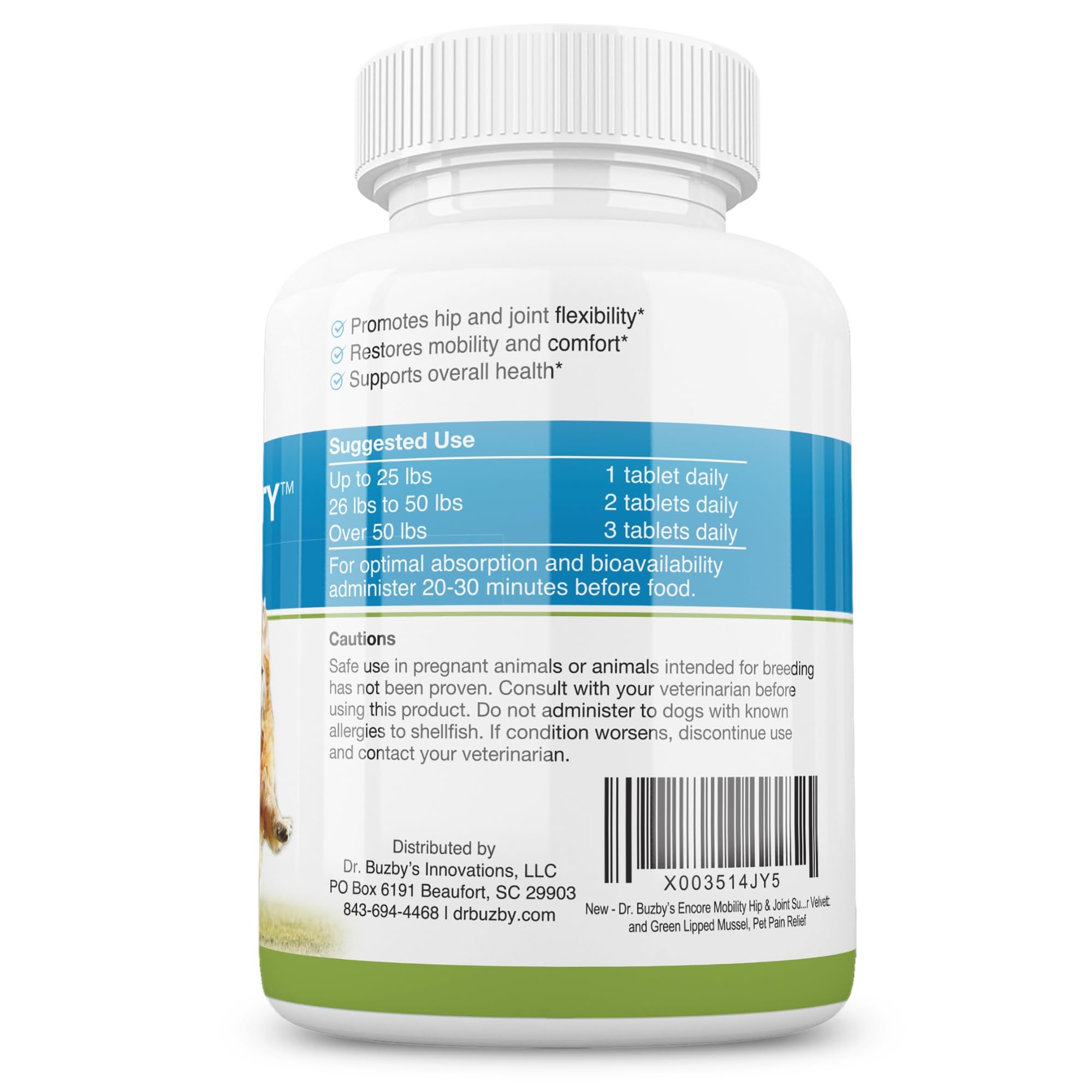 Dr. Buzby's Encore Mobility Hip & Joint Supplement for Senior Dogs - 90 Chewable Tablets with Natural New Zealand Deer Velvet & Green Lipped Mussel - Dog Joint Pain Relief & Mobility Support for Aging Pets - Perfect for Daily Use & Post-Activity Recovery