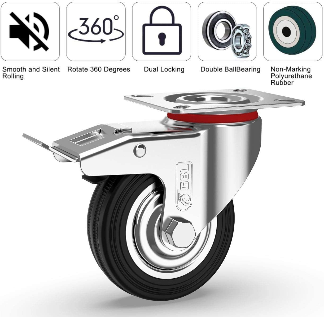 GBL 3'' Heavy Duty Caster Wheels with 2 Brakes & Screws - 440Lbs Capacity - Set of 4 Silent Rubber Furniture Casters - No Floor Marks - Silver Trolley Wheels for Workbenches, Cabinets, and Industrial Equipment