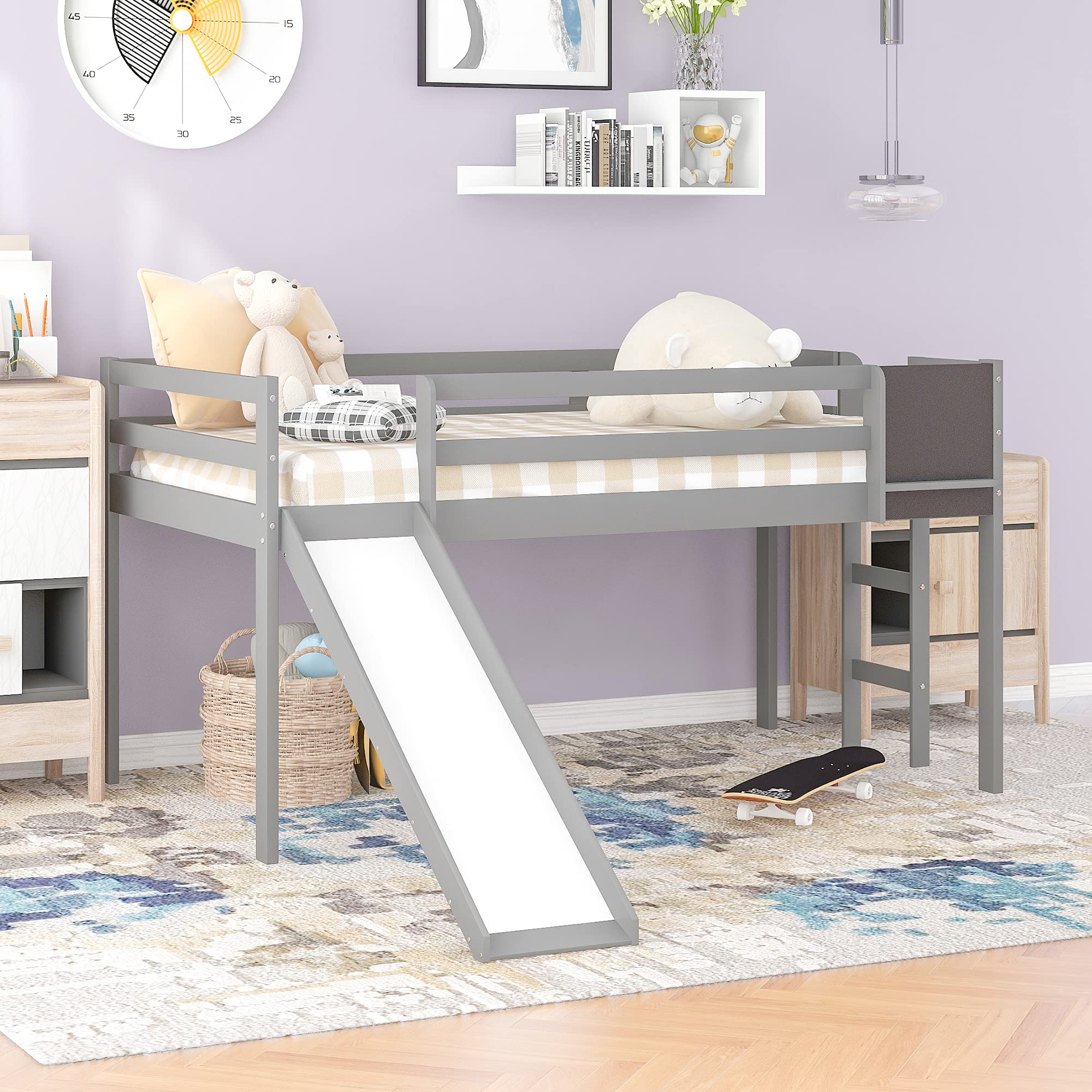 LostCat Twin Loft Bed with Slide & Ladder - Low Height Wooden Loft Bed for Kids (Girls/Boys) - Safety Guardrail Included - No Box Spring Needed - Grey - Perfect for Small Bedrooms, Playrooms & Dorm Rooms