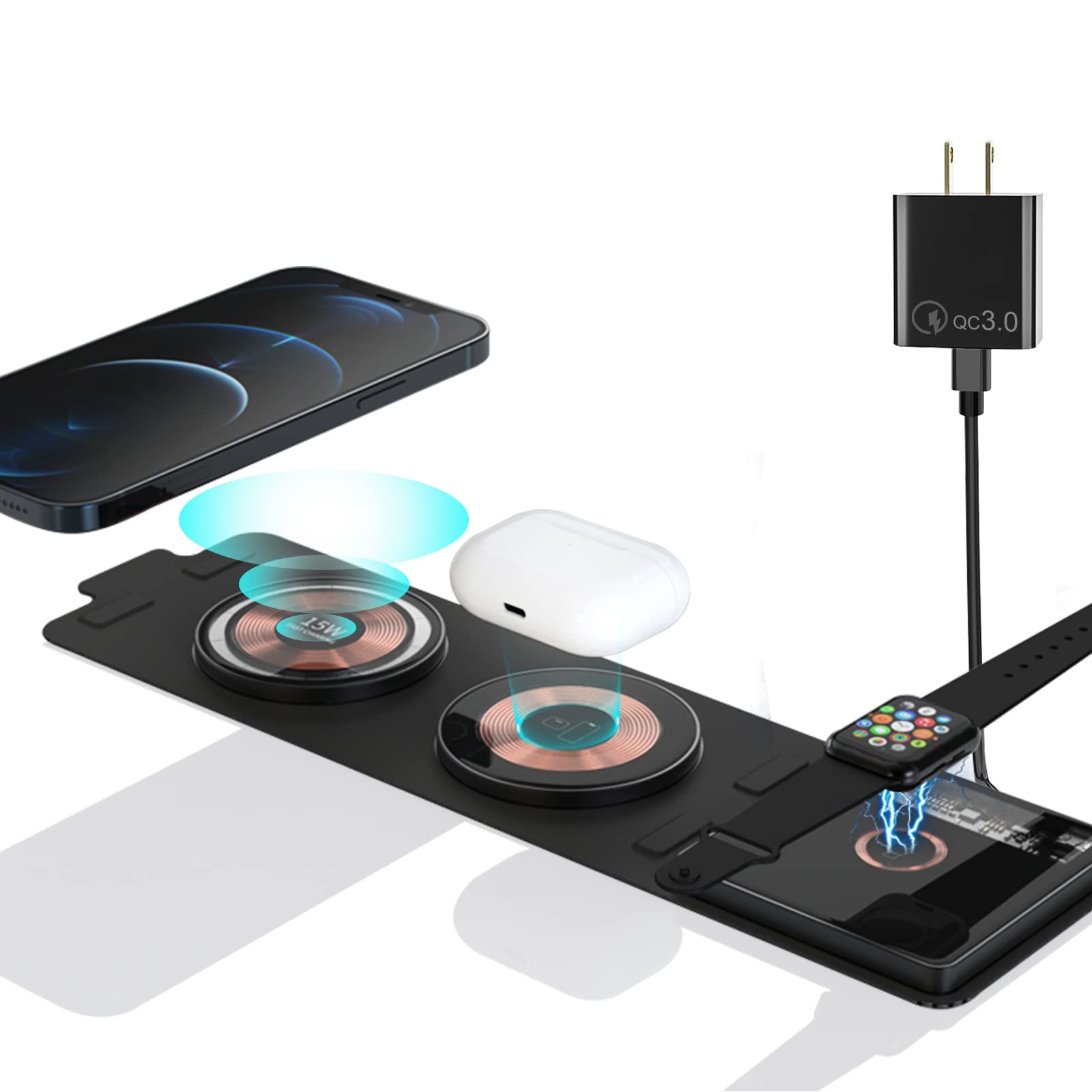 OVISBAI 3-in-1 Foldable Wireless Charging Station - MagSafe Compatible Charger for iPhone 14/13/12 Pro Max, iWatch & AirPods | Fast Charging Stand for Multiple Devices | Perfect for Home, Office & Travel