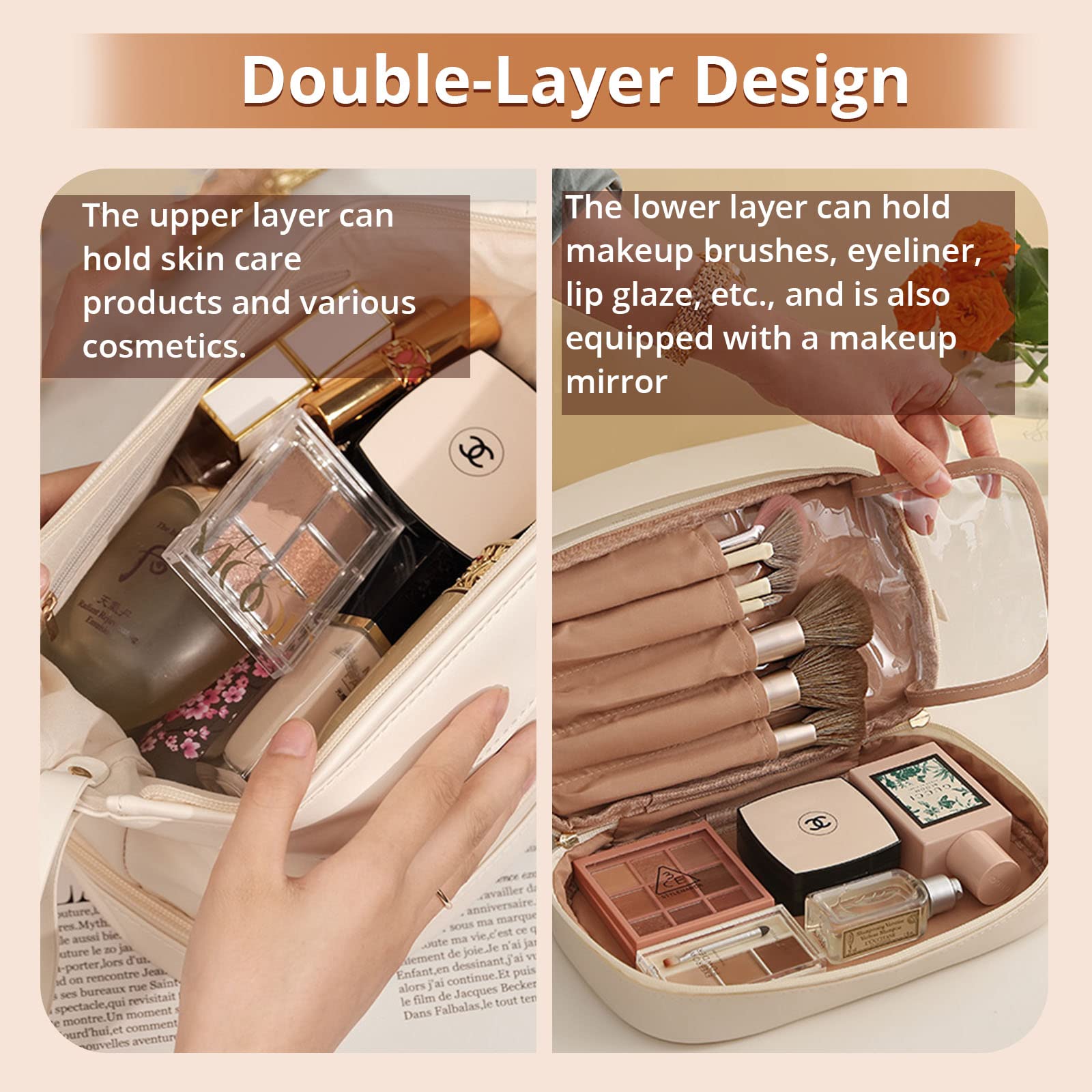 Cloud Double Makeup Bag - Off-White Waterproof Cosmetic Organizer for Travel & Daily Use | Perfect for Makeup Brushes, Lipsticks & Skincare Products