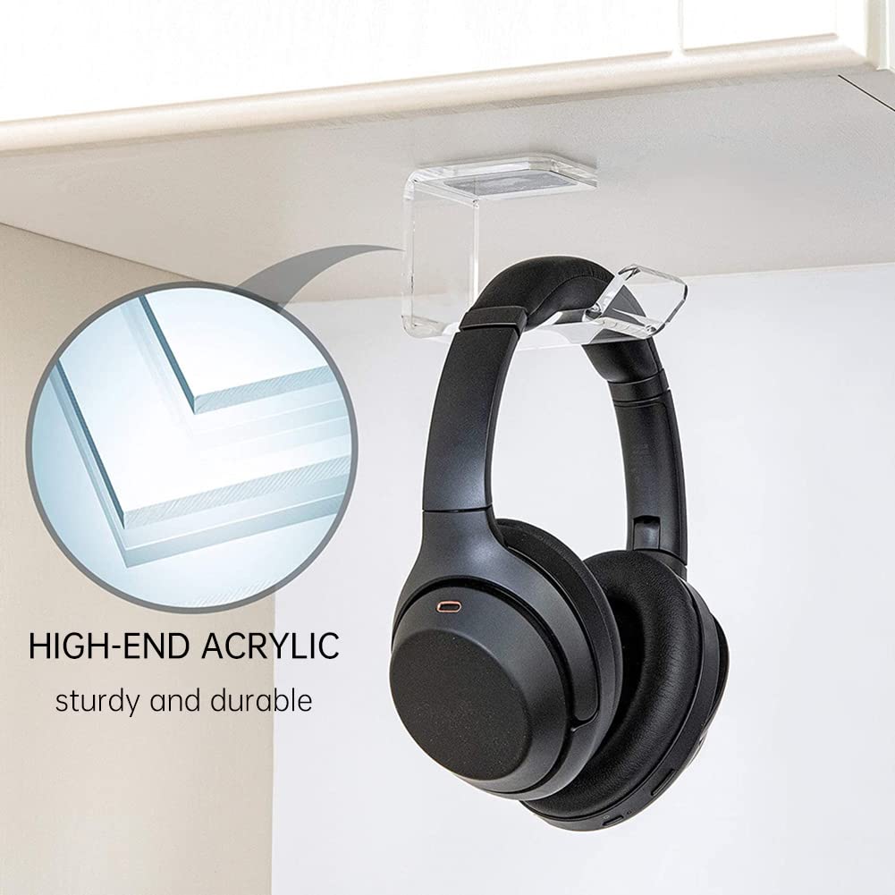 PHEZEN 2-Pack Universal Headphone Stand Wall Mount - Under Desk Headset Holder with Cable Hooks, Space-Saving Headphone Organizer for Gaming, Office & Home Use - Fits All Headphones Size (Black)
