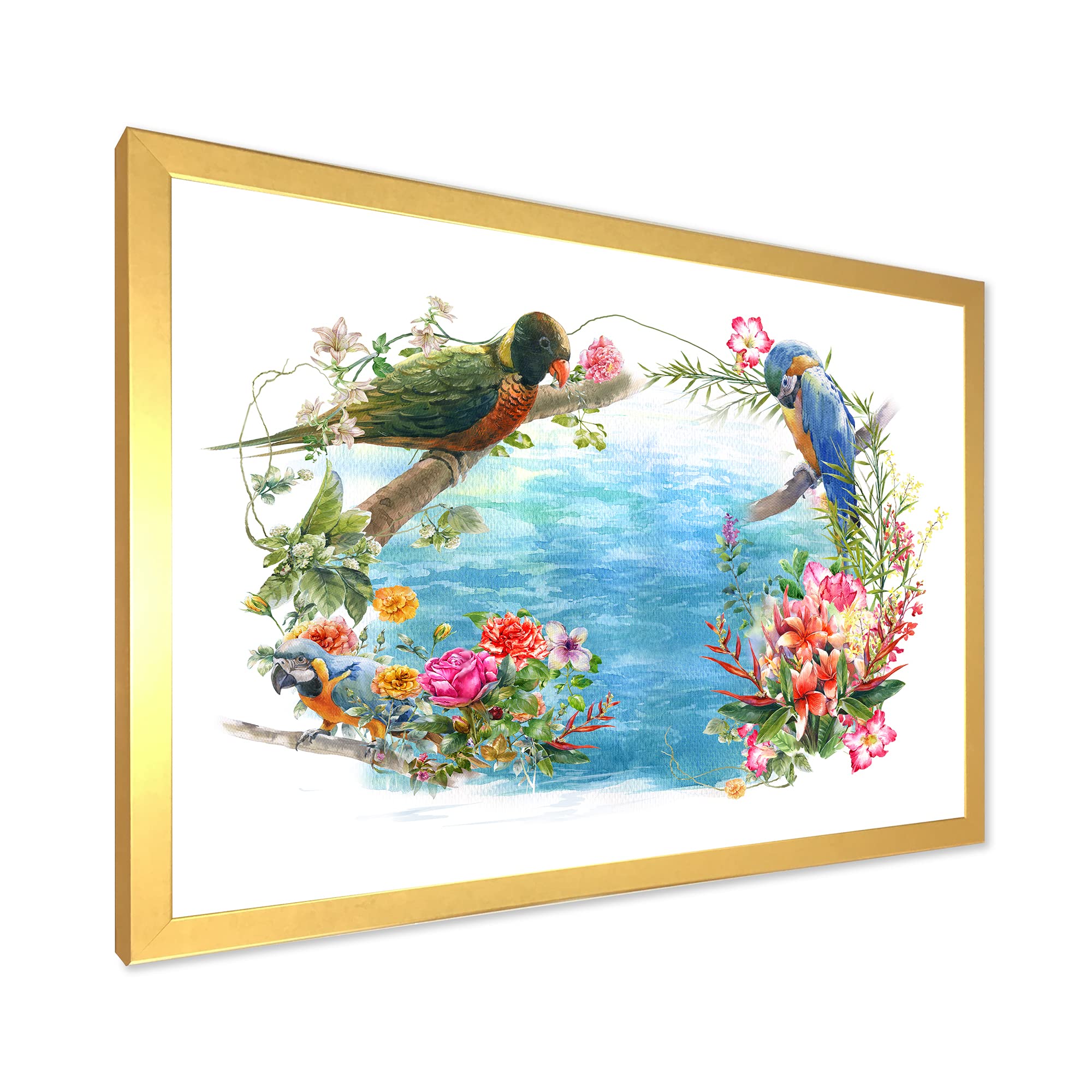 Birds and Flowers by the Blue Waterside - Traditional Framed Wall Art Painting for Living Room, Bedroom & Office Decor
