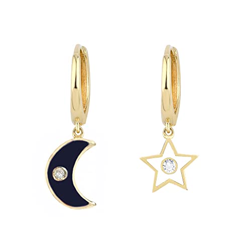 14K Gold Moon Star Dangle Hoop Earrings for Women - Diamond Crescent Moon Star Drop Earrings with Turquoise Blue Evil Eye Enamel - Elegant Gift for Birthday, Anniversary & Special Occasions