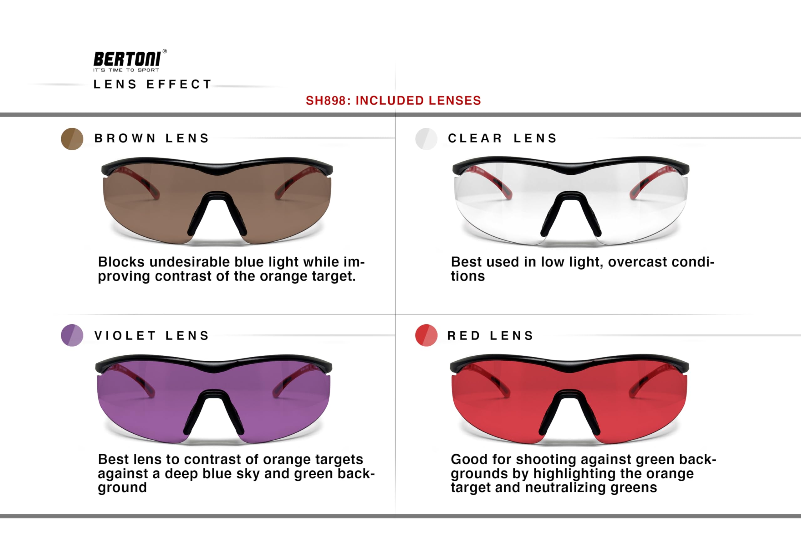 Bertoni SH898 Tactical Shooting Glasses - 4 Interchangeable Anti-Fog Lenses with Carrying Case - Safety Eyewear for Shooting, Hunting & Outdoor Sports