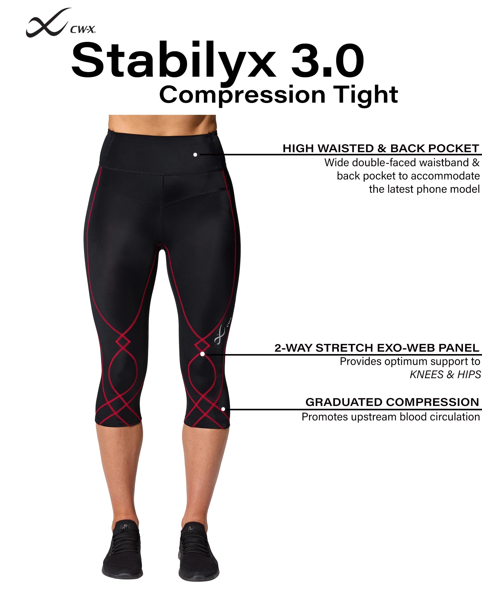 CW-X Women's Stabilyx 3.0 Joint Support 3/4 Capri Compression Tight - High-Rise Running Leggings with Back Phone Pocket - Perfect for Marathon Training, Gym Workouts & Outdoor Activities