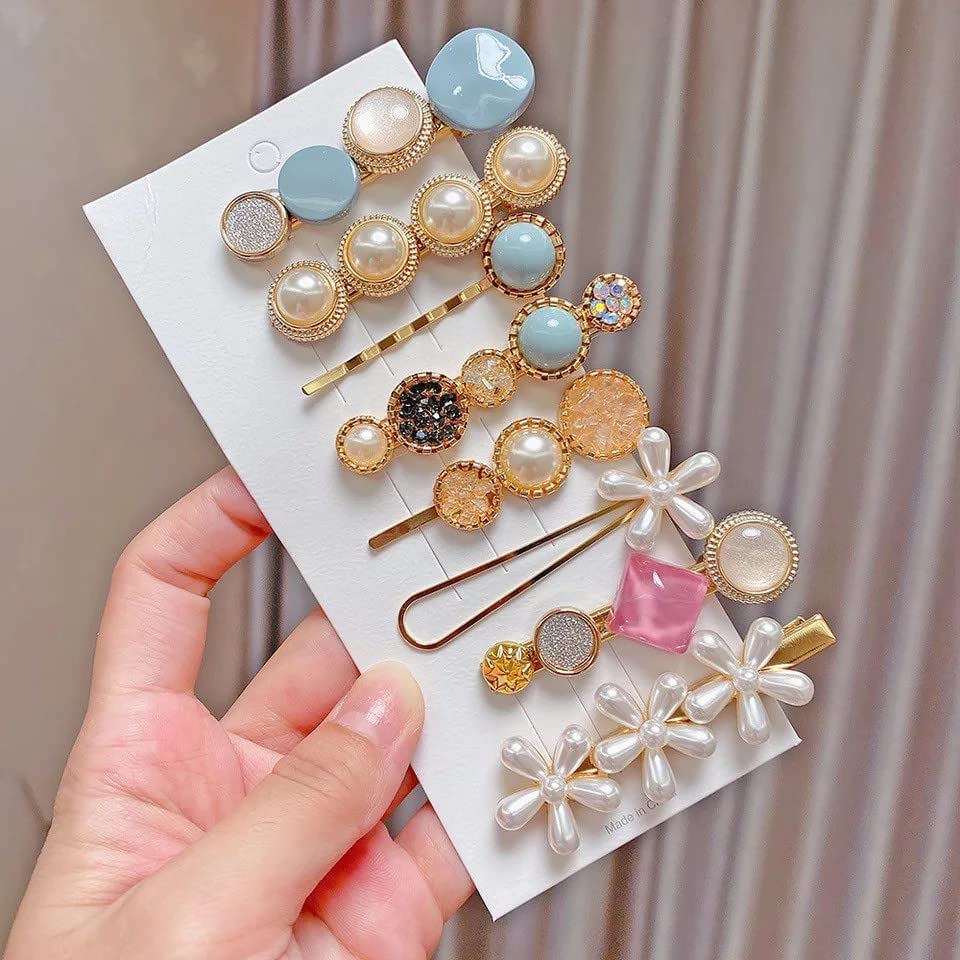 ANNACREATIONS Korean Style Pearl Metal Hair Clips - Rhinestone & Plastic Pearl Barrettes, Flower Lock Hair Pins for Women & Girls (12-Pack) - Perfect for Weddings, Parties & Everyday Styling
