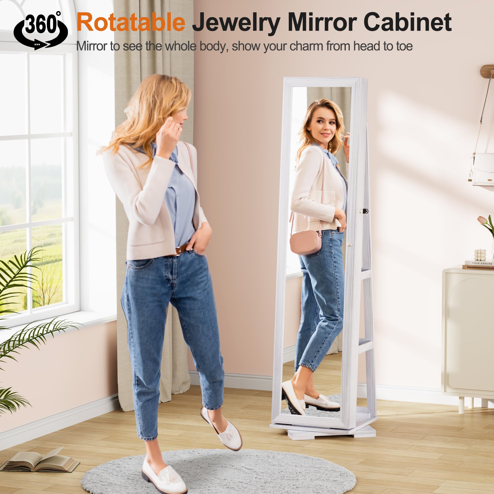 360° Rotating Jewelry Armoire with Full-Length Mirror & Lockable Storage - 66