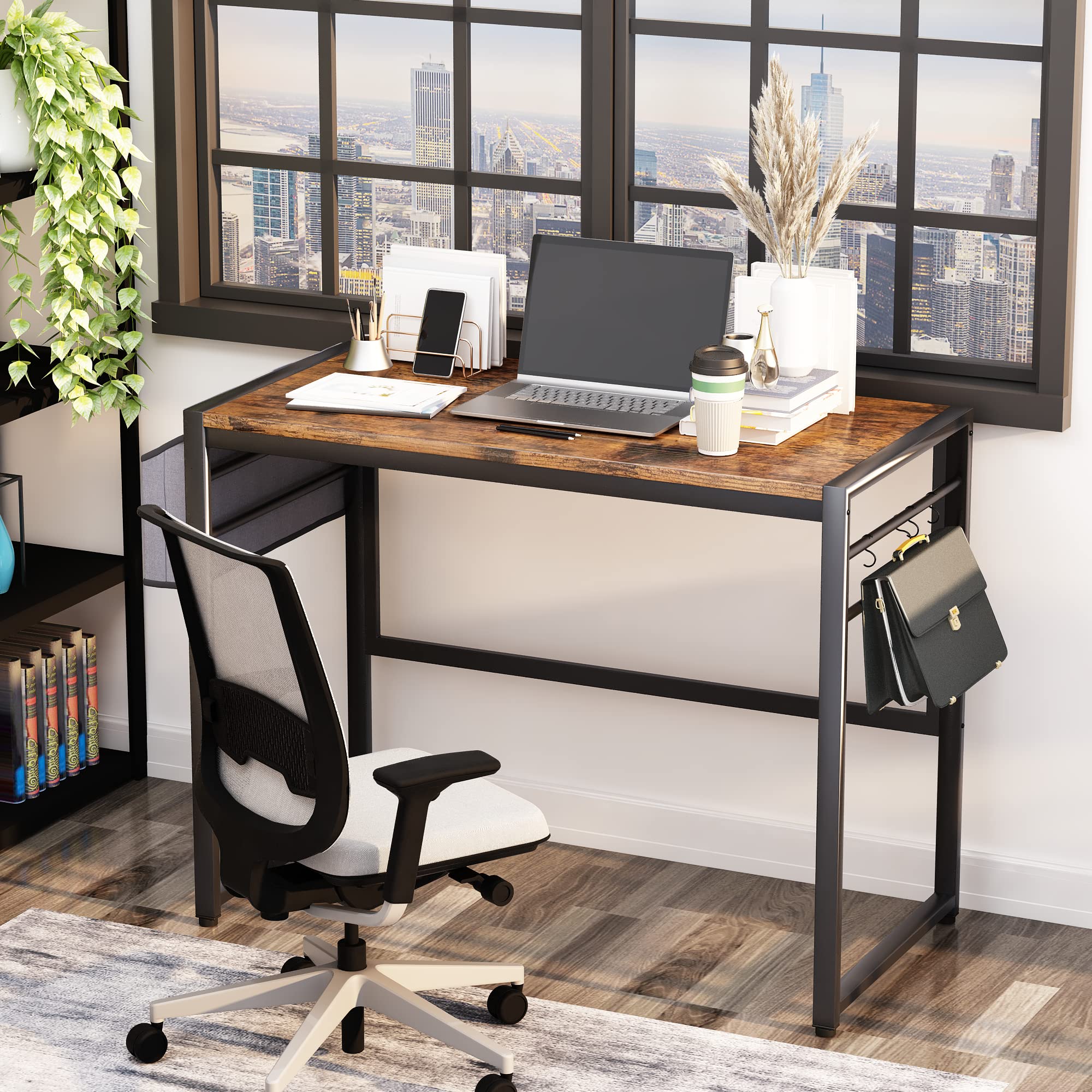 AWQM 39-Inch Industrial Style Computer Desk - Home Office Writing Desk with Storage Bag & 4 Bars, Retro Brown & Black - Perfect for Small Spaces, Study Rooms & Workstations (PC/Laptop Compatible)
