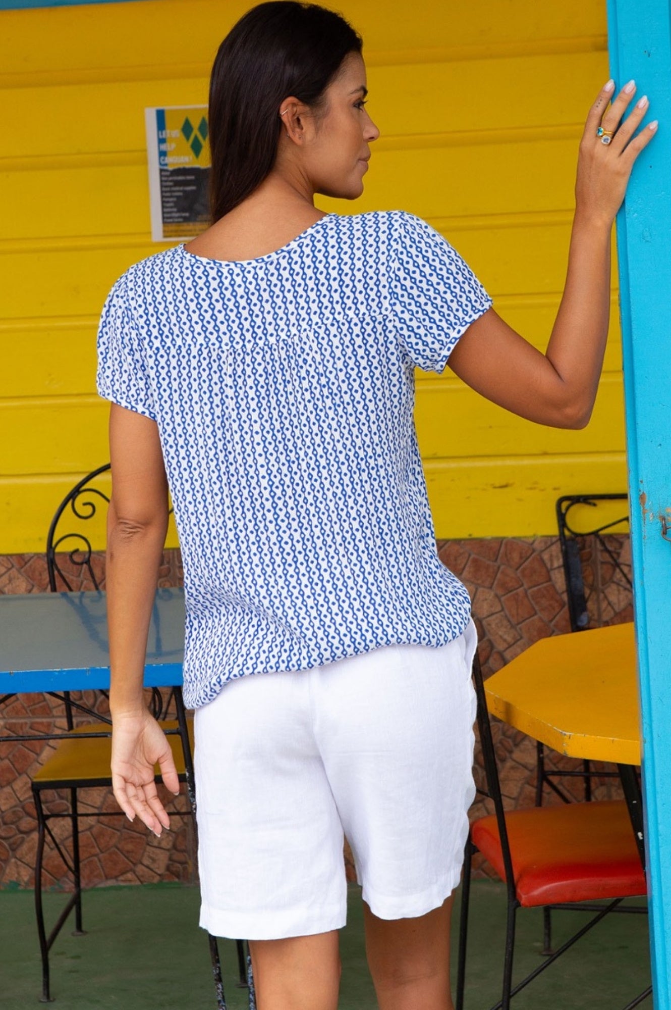 Lisbon Blouse - Santorini Border Blue & White Floral Print Women's Top | Casual Summer Beachwear & Vacation Outfit