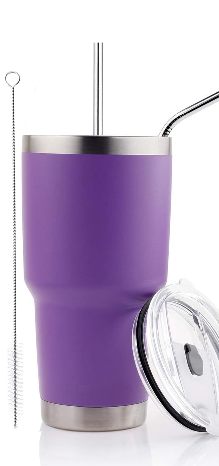 30oz Purple Stainless Steel Tumbler with Straw & Lid - Vacuum Insulated for Hot/Cold Drinks - Perfect for Travel & Office