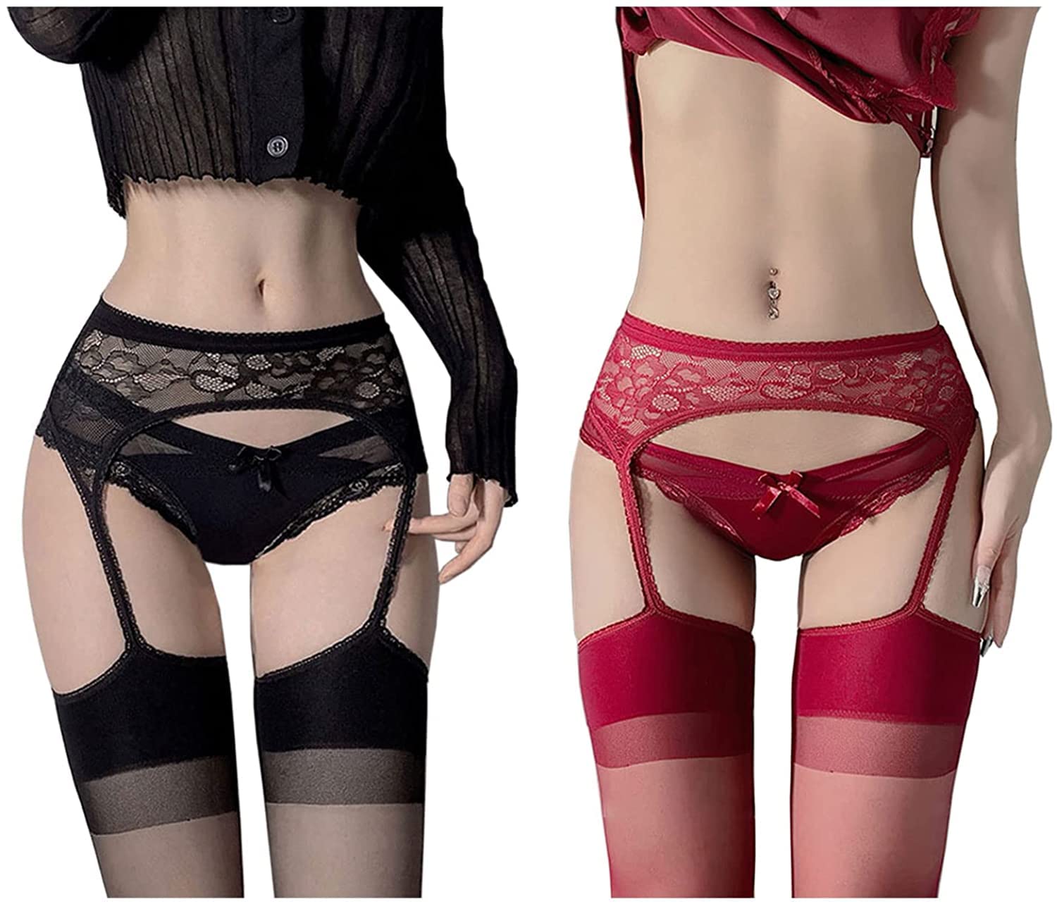 Sexy Red Lace Garter Thigh High Stockings - Women's Suspender Pantyhose & Fishnet Tights for Leg Contouring (Size 2-6) | Perfect for Valentine's Day, Date Night & Boudoir Photography