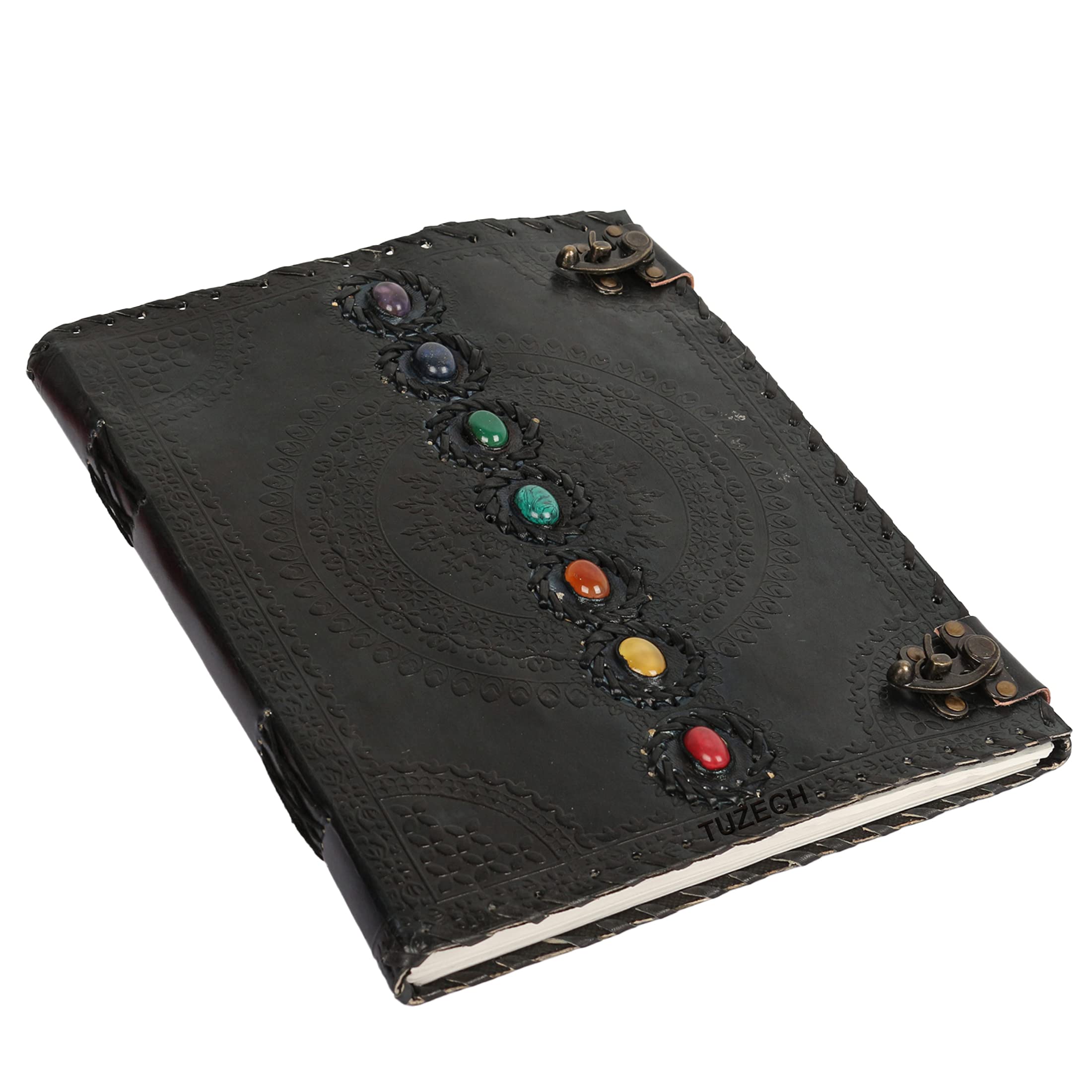TUZECH Seven Chakra Medieval Stone Embossed Handmade Jumbo Leather Journal - 18 Inch Book of Shadows Notebook for Wicca, Office Diary, College Poetry & Sketching (Black) - Perfect for Gift Giving, Witchcraft Practice & Creative Writing