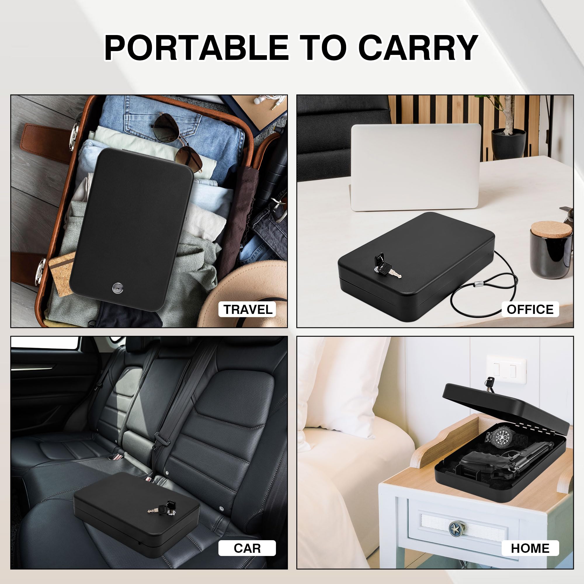 Secure Handgun Safe with Key Lock - Compact 9.4x6.6x1.8 Inch Portable Pistol Safe for Car, Home & Travel - Gun Storage Solution for Vehicle, Nightstand & Personal Protection - Black