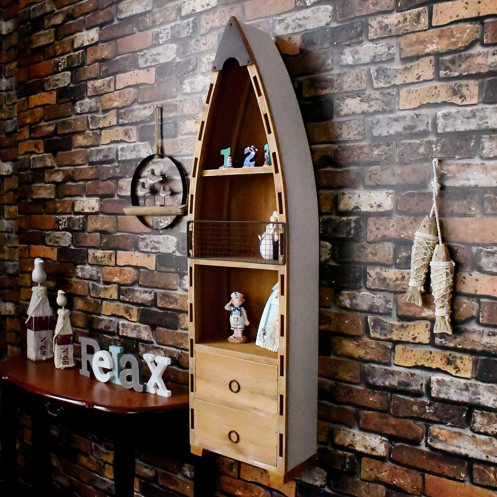 Rustic Wooden Boat Wall Shelf with Drawer - Nautical Hanging Boat Decor for Bathroom, Bedroom & Lake House - Beach Theme Storage & Display for Books, Towels & Decor