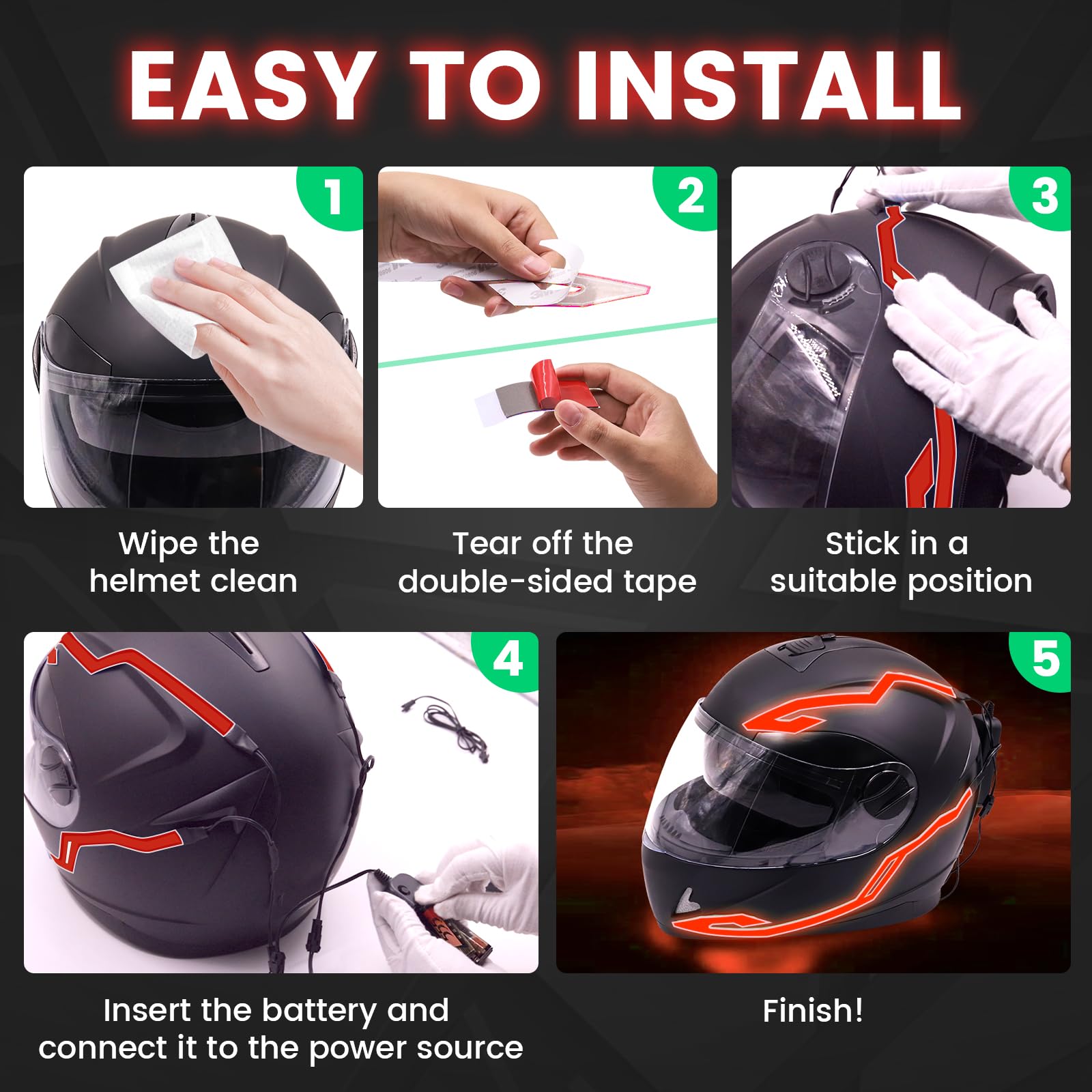Motorcycle Helmet Light Bar - 4in1 Waterproof LED Sticker Kit for Night Safety, Cold Light Strip for DIY Helmet Signal, Red LED for Enhanced Visibility in Night Riding and Urban Commuting