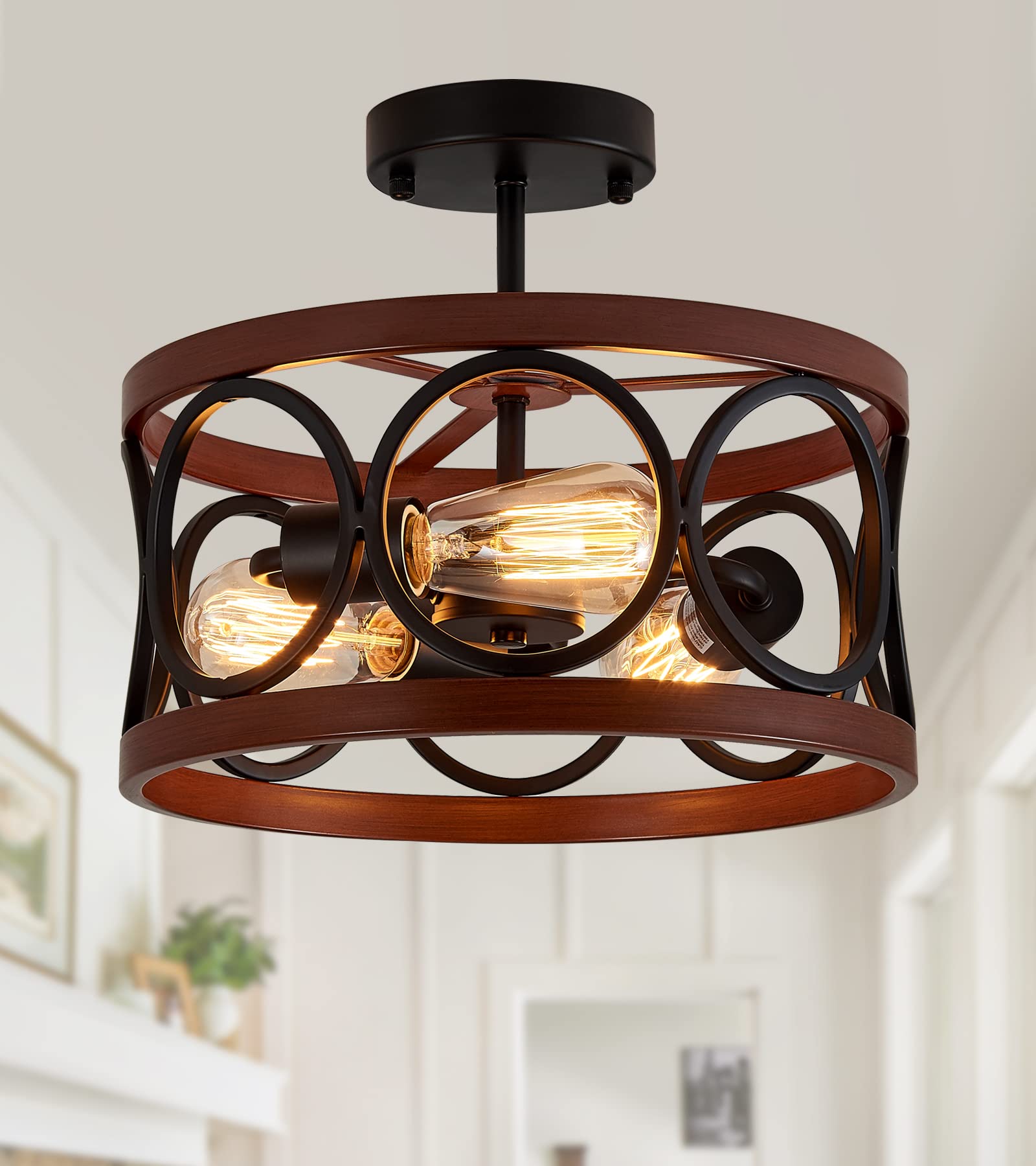 MEIXISUE 3-Light Semi Flush Mount Ceiling Fixture - Black & Red Oak Drum Shade Farmhouse Lighting for Hallway, Entryway, Kitchen, Dining Room & Bedroom - Perfect for Rustic Home Decor and Cozy Ambiance