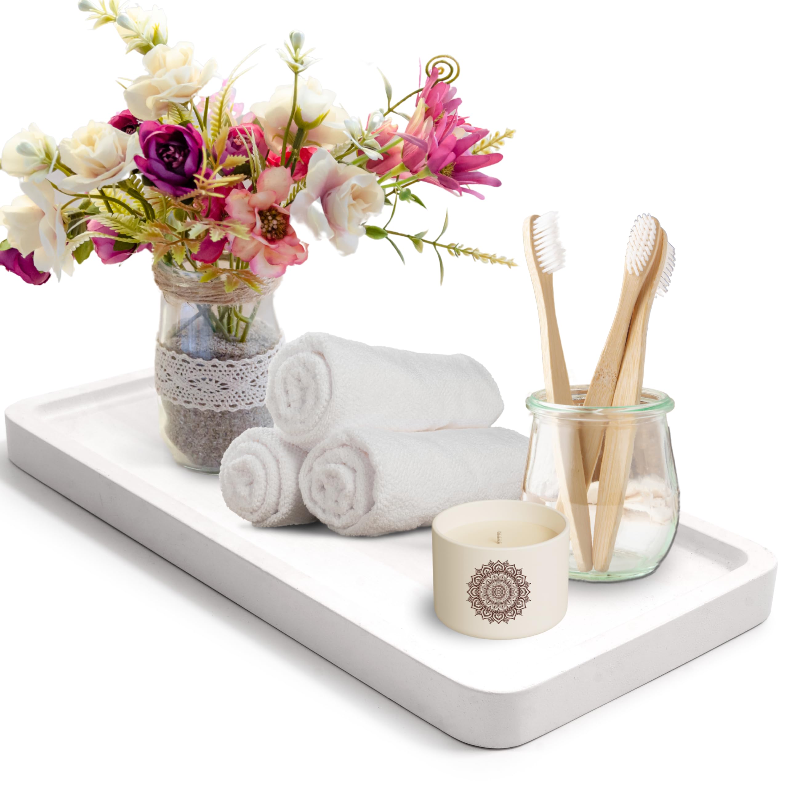 KOLWON Bathroom Vanity Tray - Elegant Acacia Wood Organizer for Cosmetics, Jewelry & Perfume | 11.8 x 5.9 Inch Countertop Tray for Bathroom, Kitchen, Dresser & Toilet Tank | Perfect for Home Decor, Spa Days & Gift Giving (1, White)