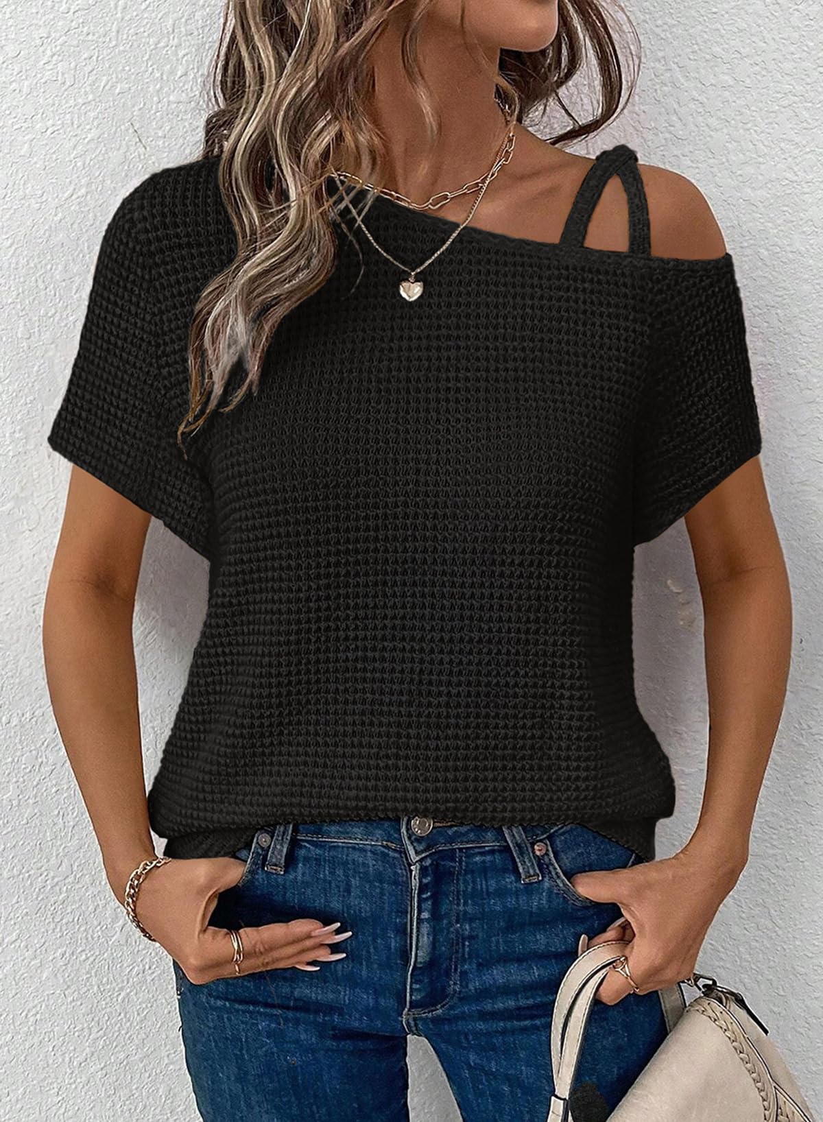 Dokotoo Women's Summer One Shoulder Waffle Knit Short Sleeve T-Shirt - Casual Lightweight Solid Color Blouse for Beach, Vacation & Everyday Wear