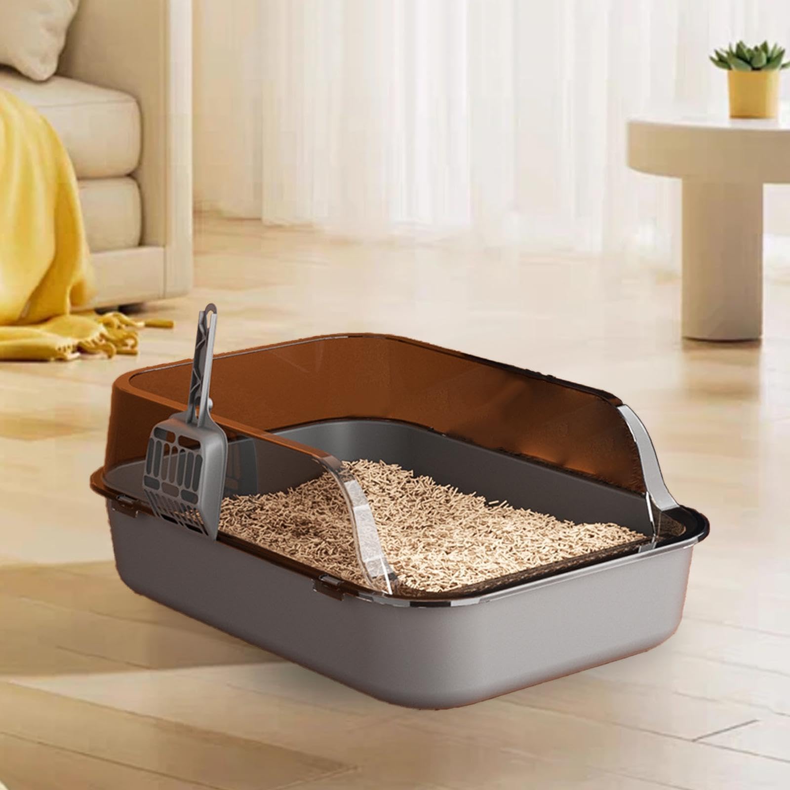 Best Semi-Closed Cat Litter Box with High Sides & Lowered Front - Portable Kitten Toilet for Young & Senior Cats - Gray Sandbox for Indoor & Small Space Use