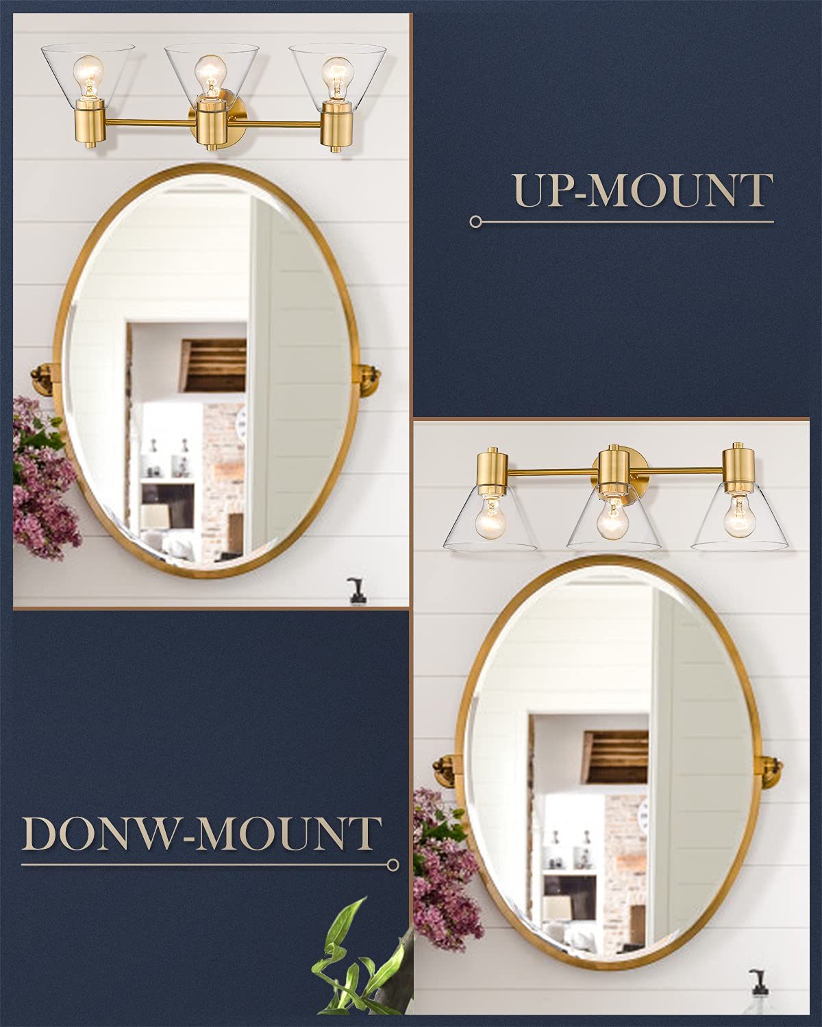 LMS Gold Bathroom Vanity Light Fixtures - 3 Light Modern Bathroom Sconce with Clear Glass Shade, LMS-108 - Perfect for Bathroom, Powder Room and Dressing Room Lighting