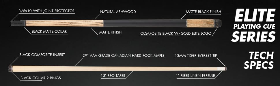 Elite Prestige EP40 Ash Pool Cue Stick with Black Matte Finish - Professional Billiards Accessory for Home Game Rooms & Bars