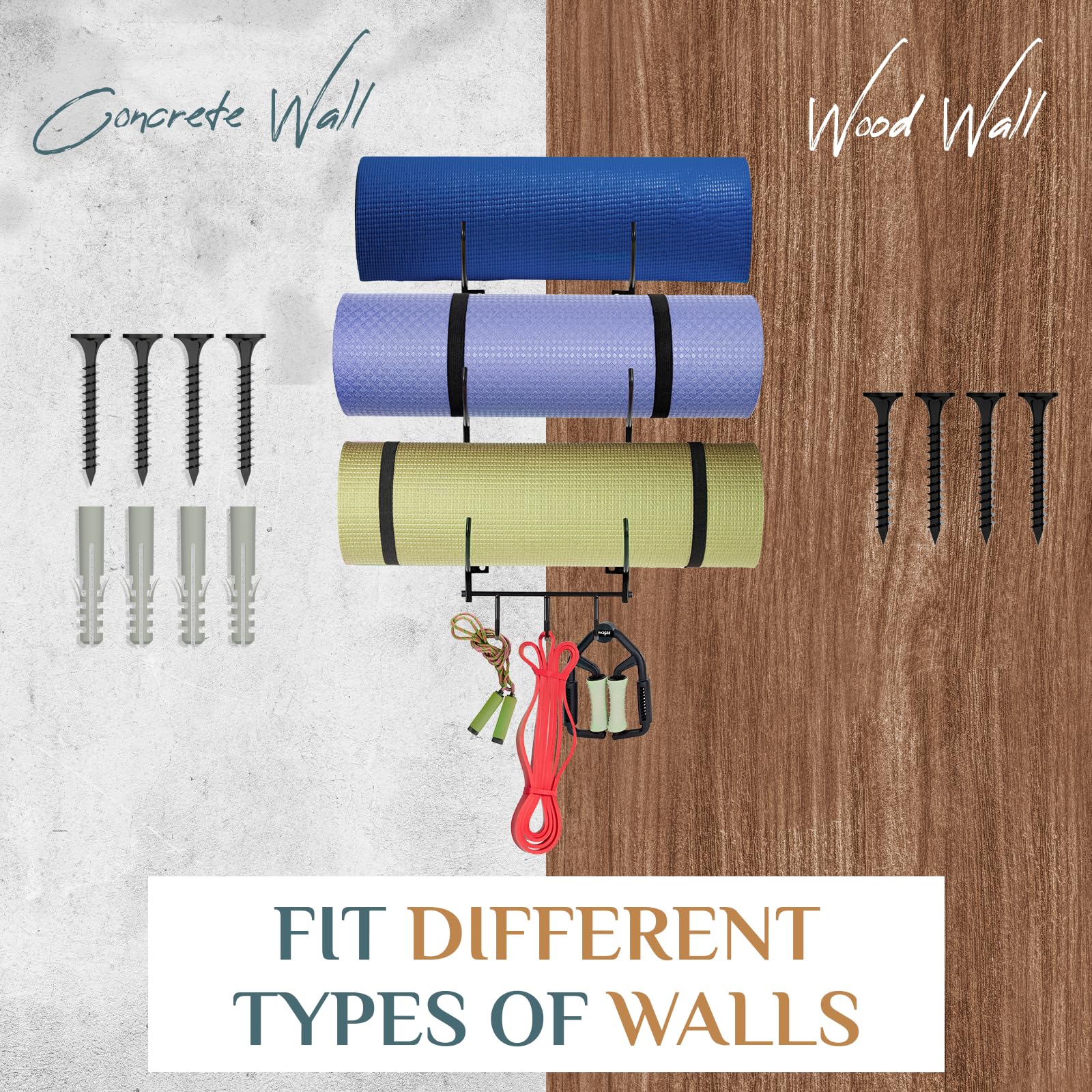 Yes4All 3-Tier & 5-Tier Heavy Duty Steel Wall Mount Storage Rack with 3 Hooks - Perfect for Organizing Foam Rollers, Resistance Bands & Yoga Straps - Ideal for Home Gym, Yoga Studio & Fitness Room Decor