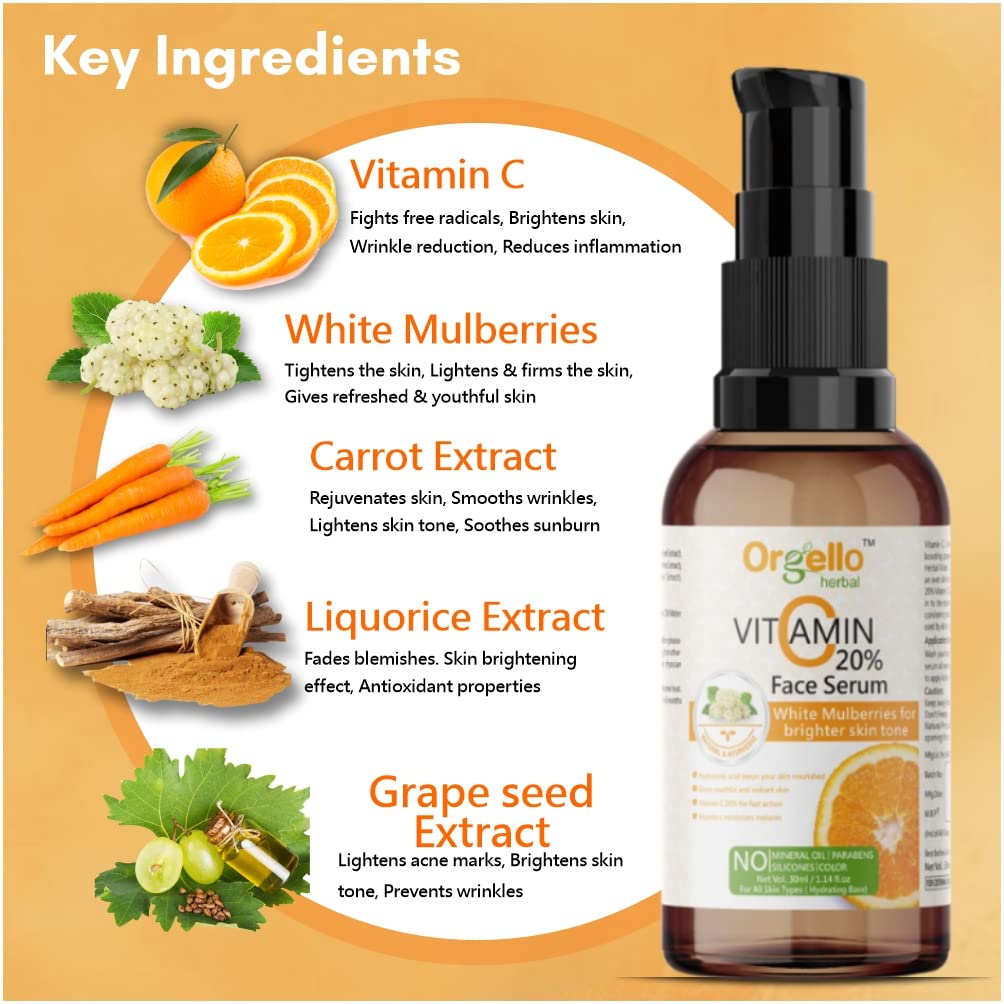 Orgello 20% Vitamin C Serum with Hyaluronic Acid & Rose Water Toner Set - Brightening Skincare Kit for Face (30ml Serum + 100ml Toners) - Perfect for Daily Glow Routine, Dark Spot Treatment & Hydration