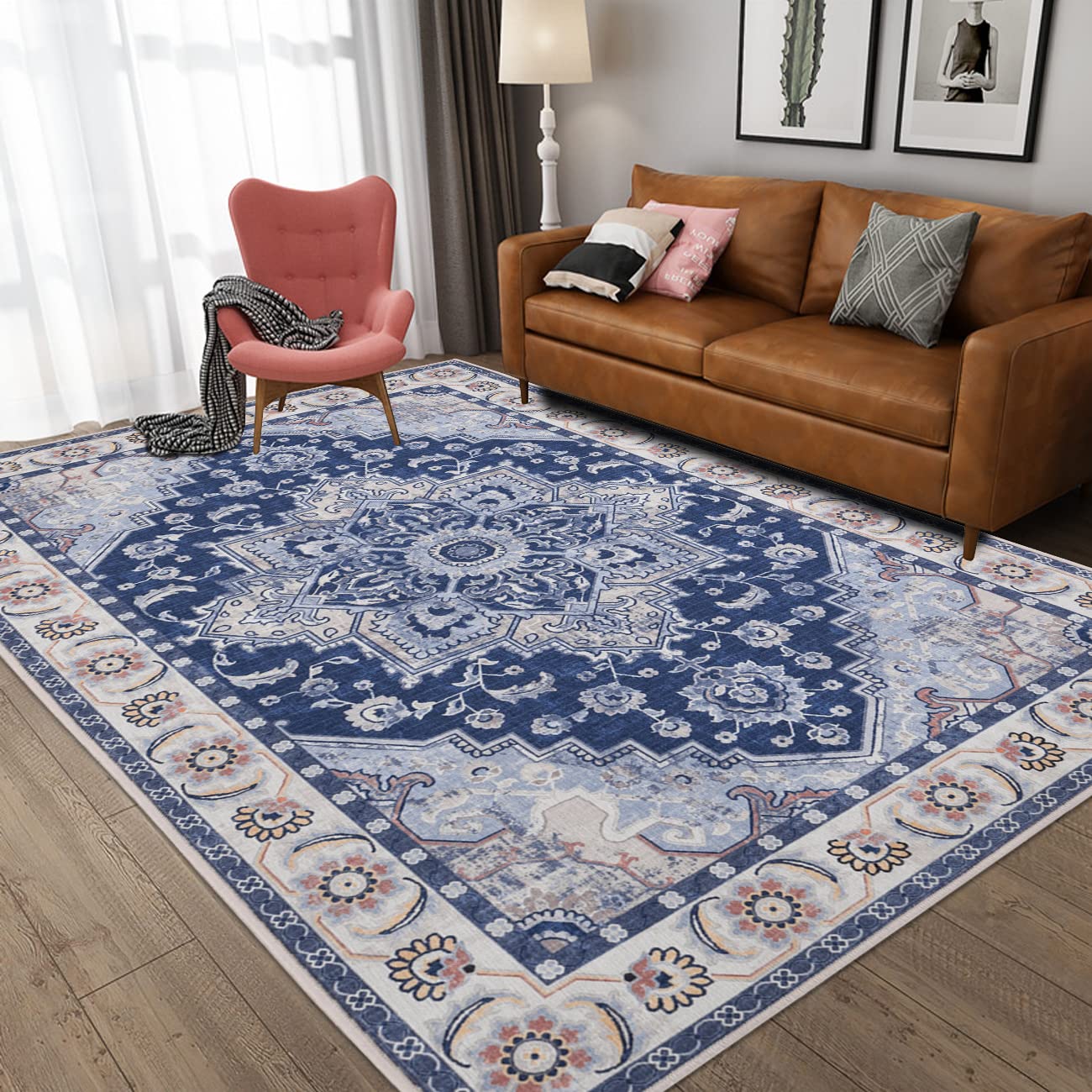 Vintage Bohemian Area Rug 5'x7' - Non-Slip Traditional Oriental Rug with Distressed Floral Medallion Design | Perfect for Entryway, Bedroom, Bathroom & Kitchen Decor | Blue Accent Throw Carpet for Home & Office Use