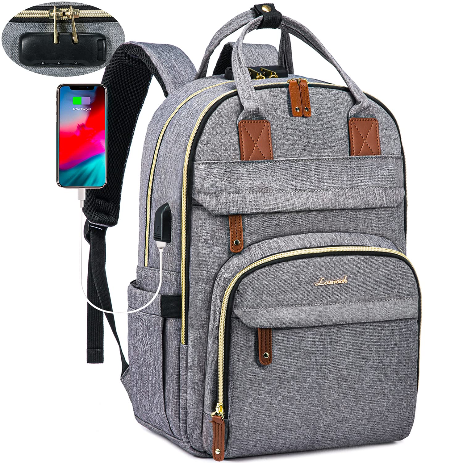 LOVEVOOK Anti-Theft Laptop Backpack for Women & Men - 15.6 Inch Business Computer Bag with Lock, Waterproof Travel Backpack for Work, Hiking, Outdoor & Daily Commute - Grey Unisex Daypack