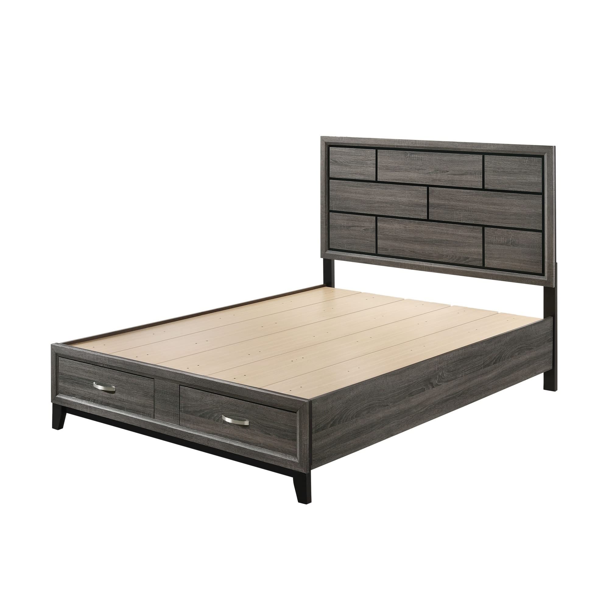 Benjara Eastern King Bed Frame with Grooved Pattern & 2 Storage Drawers, Gray - Modern Bedroom Furniture for Master Suite or Guest Room