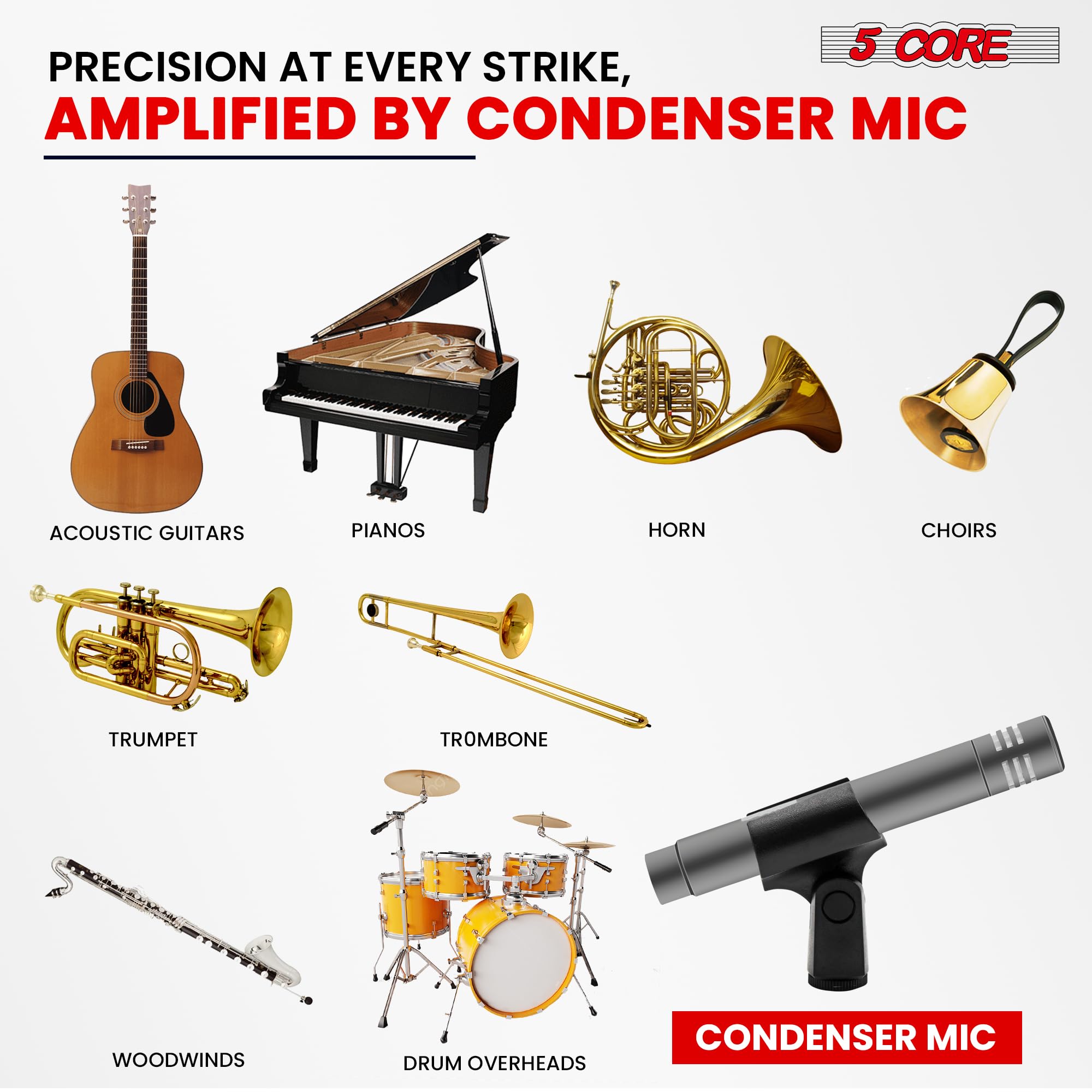 5 CORE Professional Condenser Microphone - Cardioid Unidirectional Pencil Mic for Studio Recording, Podcasting & Live Streaming (Includes Windscreen, Mic Clip & Case) - INSTRU MIC 300 Grey