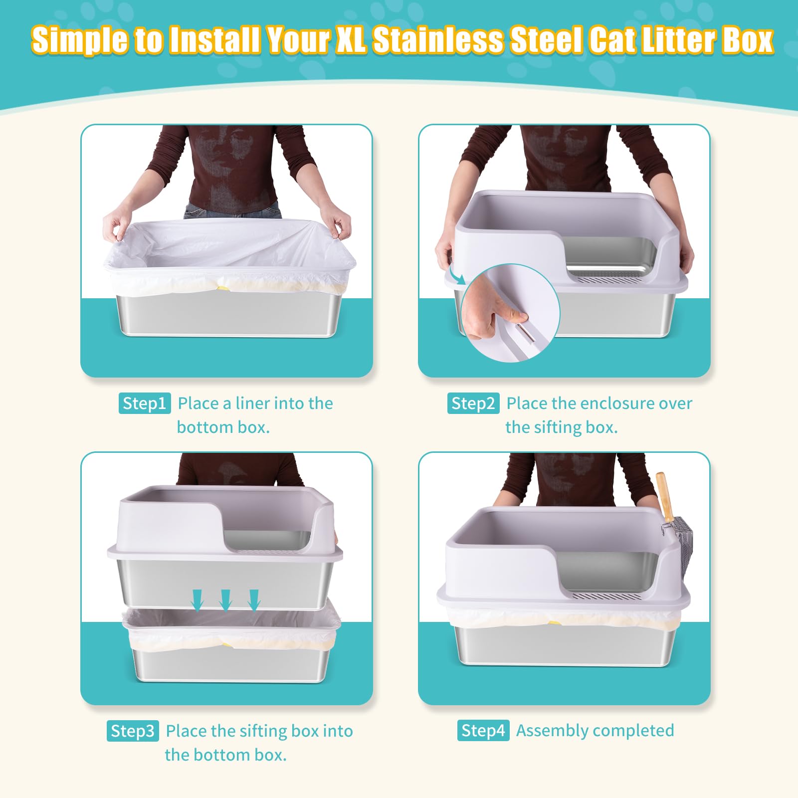 XL Stainless Steel Sifting Cat Litter Box with Sifting Tray & Bottom Pan - High Sided, No Mess, Odor Control, Easy Clean Metal Litter Box with Scoop & 10 Liners - Perfect for Multi-Cat Homes & Odor-Sensitive Spaces