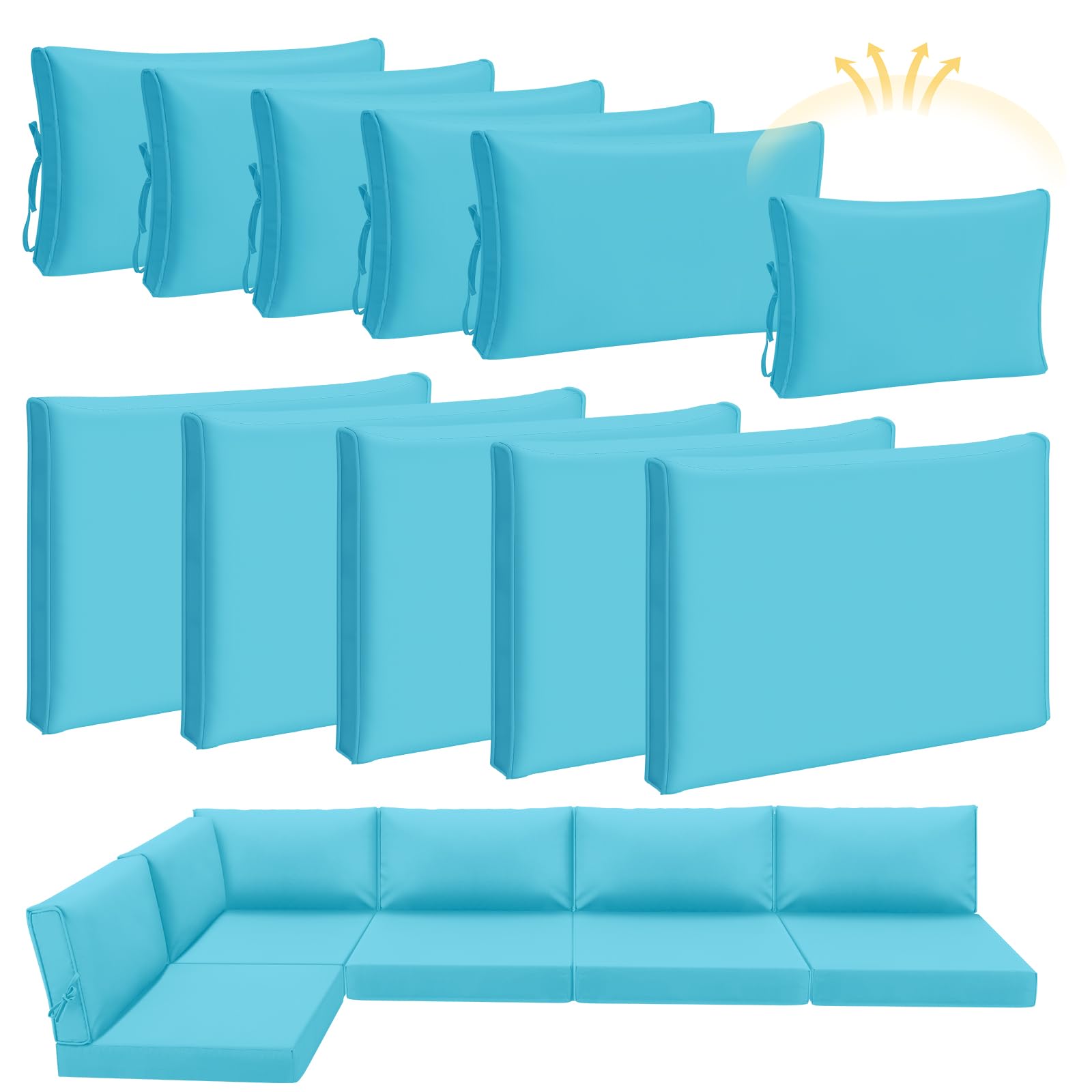 Patelai 11-Piece Outdoor Patio Cushion Slipcovers Set - Waterproof Replacement Covers for Sectional Sofa & Furniture (3 Sizes, Turquoise) - Perfect for Backyard, Deck, and Poolside Lounging