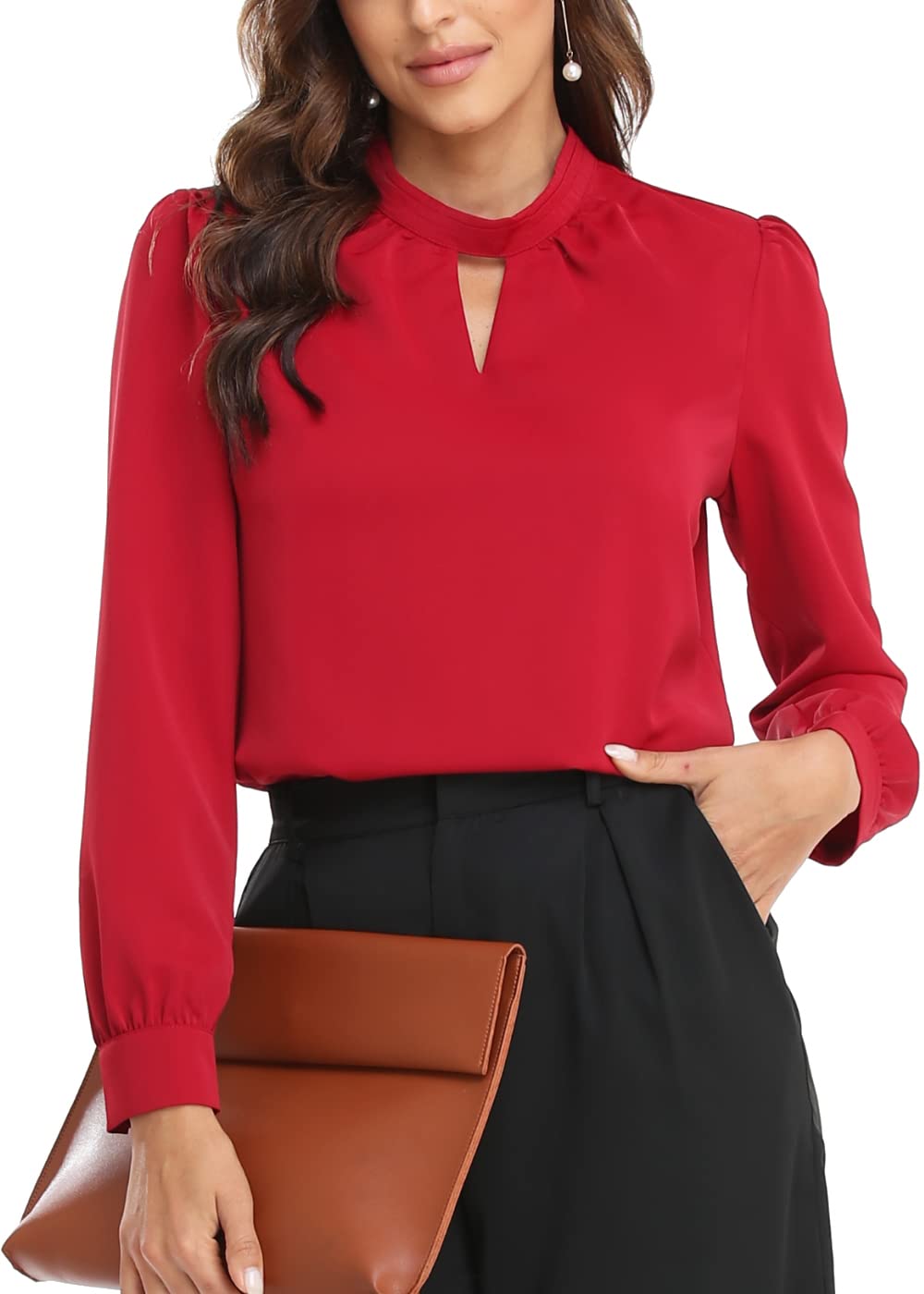 WUDODO Women's Elegant Keyhole Long Sleeve Chiffon Blouse - Office Work Shirt, Business Casual Tops for Women - Perfect for Professional Meetings, Office Wear & Formal Occasions