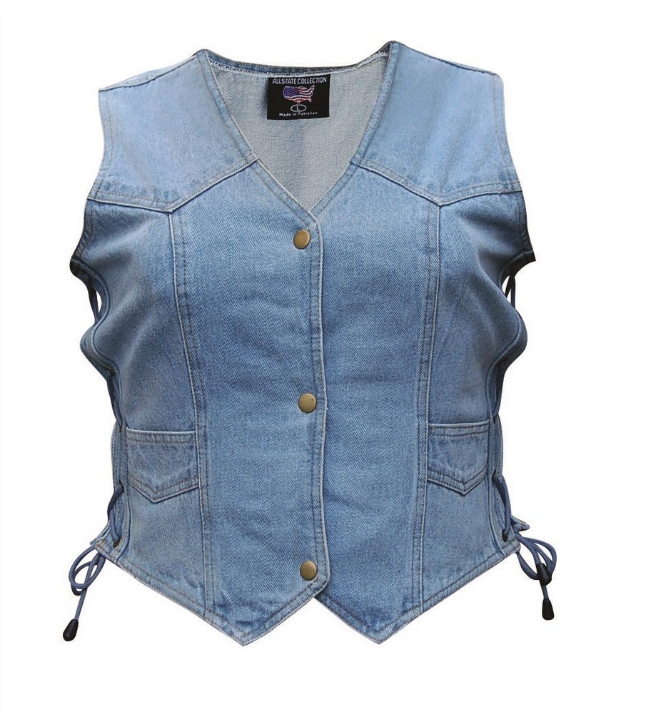 Women's Biker Style Denim Vest - Distressed Faux Leather Trim Jacket for Casual Outfits & Motorcycle Riding | AL2980