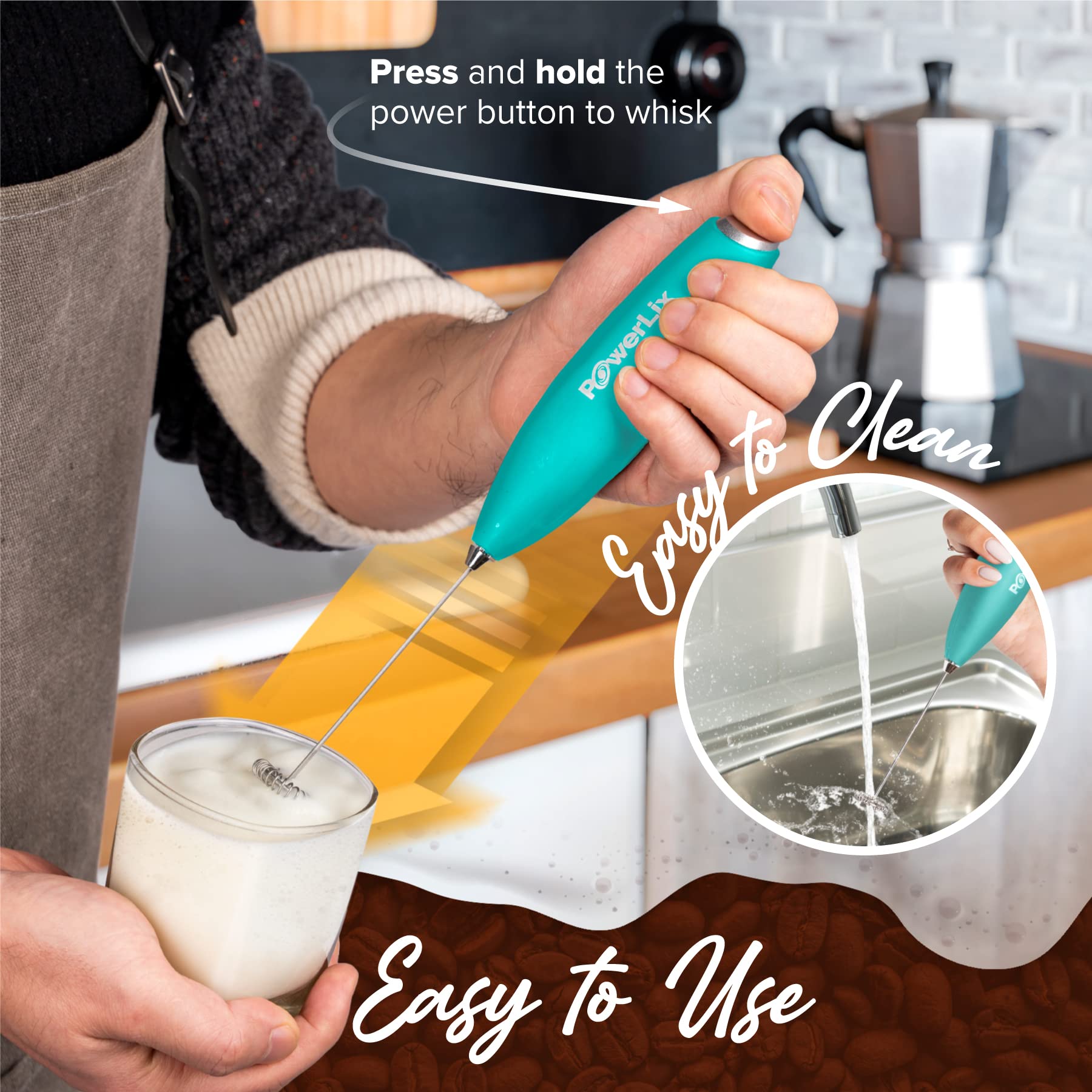 PowerLix Powerful Handheld Milk Frother - Battery Operated Foam Maker for Coffee, Latte & Cappuccino - Includes Stand & 2 Speeds (Black/Caribbean Aqua) - Perfect for Home, Office & Coffee Shops