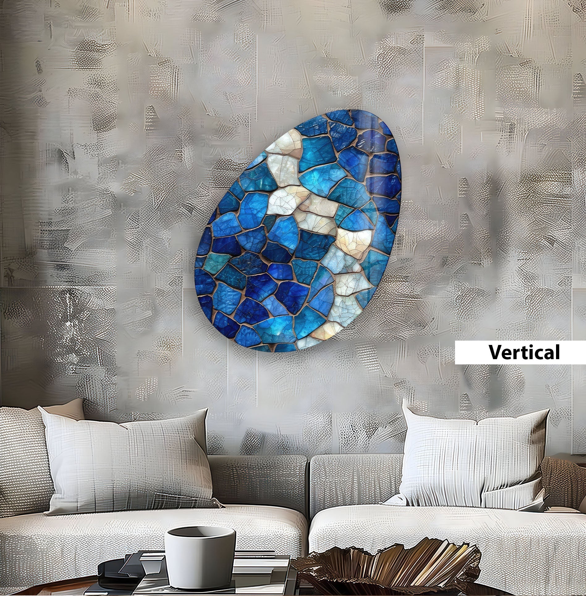 Blue Stained Decorative Oval Glass Wall Art - Handcrafted Modern Home Decor for Living Room, Bedroom & Office