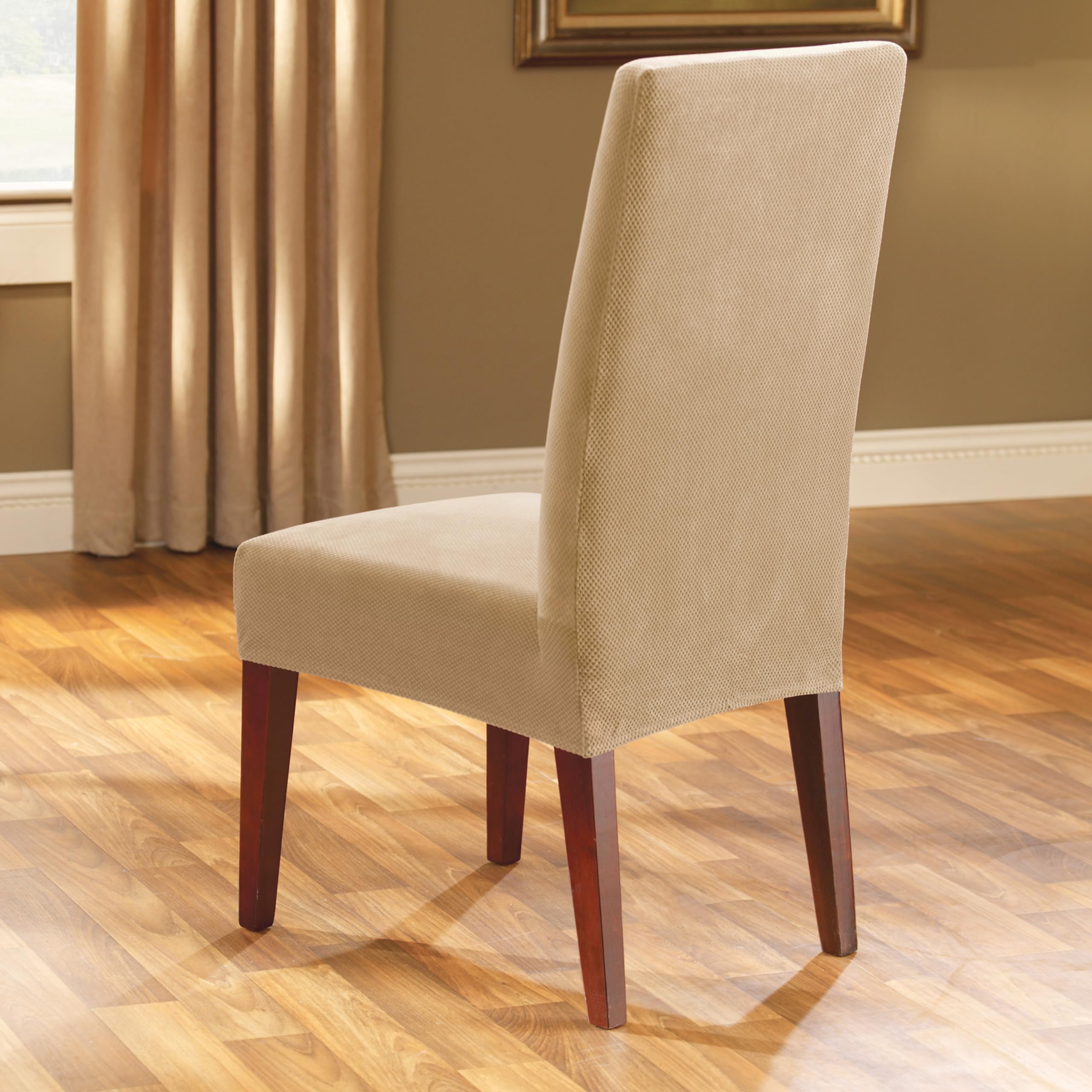 SureFit Stretch Pique Dining Chair Covers - Form-Fitting Polyester Spandex Slipcovers (Cream) - Machine Washable 1-Piece Chair Protector for Kitchen, Dining Room & Events
